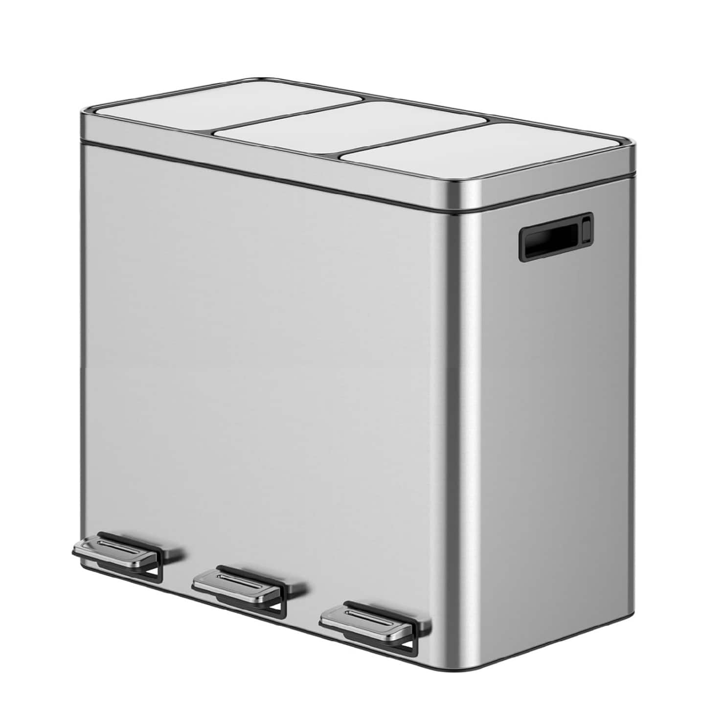 GARVEE - Three Compartment Trash Can - 60L/16 Gal Stainless Steel Kitchen Trash Can - Silver