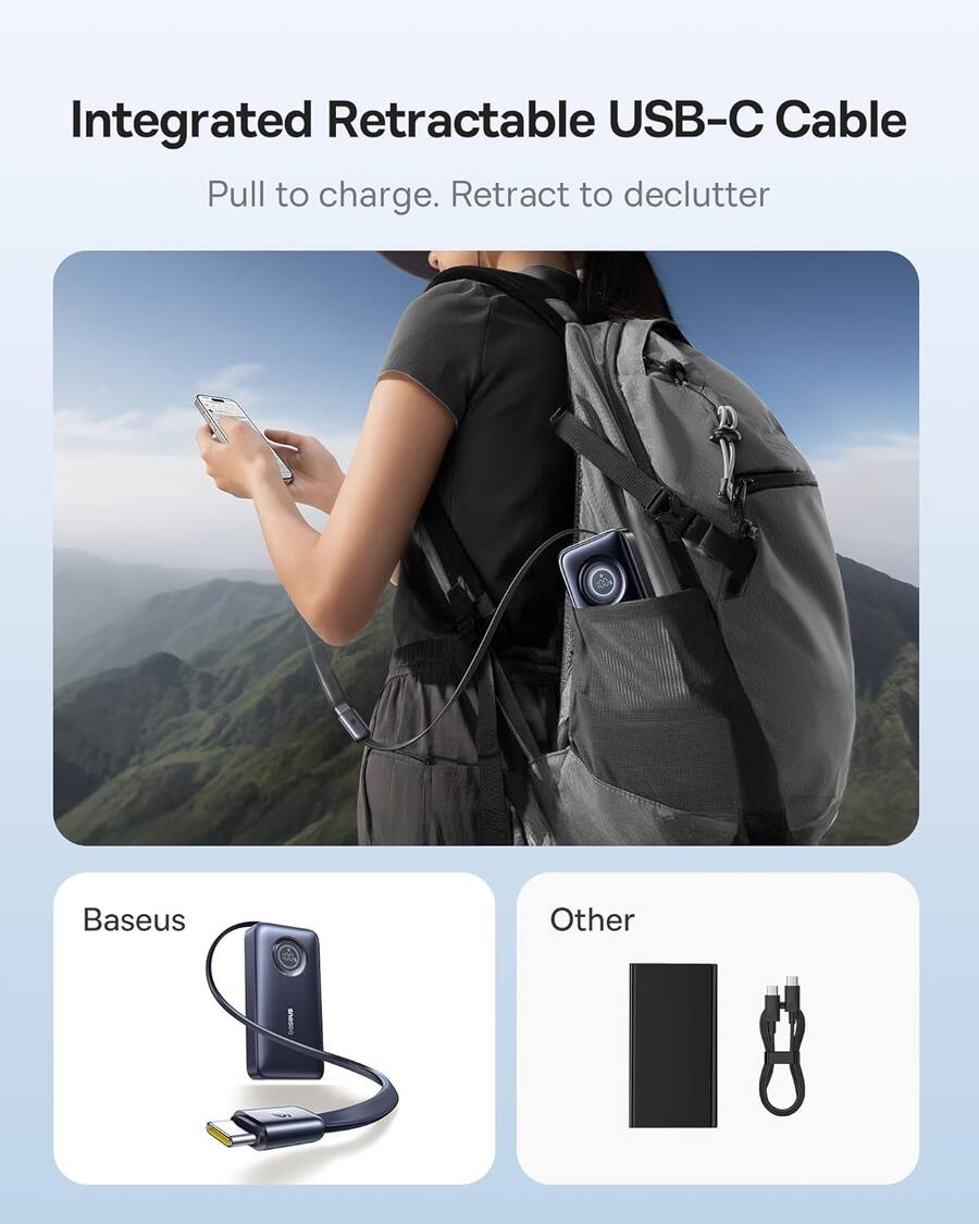 Baseus Enercore - Cargador USB C de 100 W con cable incorporado retráctil, enchufe Baseus Enercore - Cargador USB C de 100 W con cable incorporado retráctil, enchufe