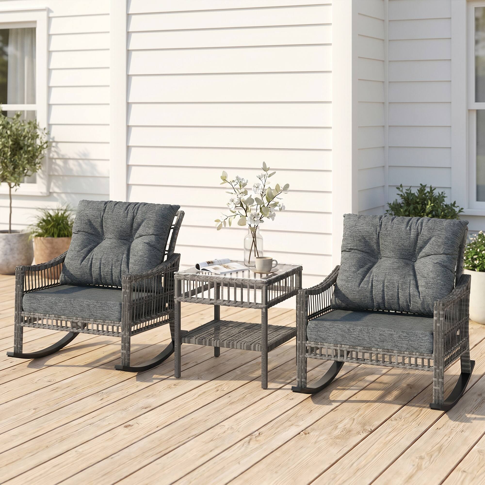 Alt View 1. Outsunny - Piece Outdoor PE Rattan Rocker Chair Set - Gray.