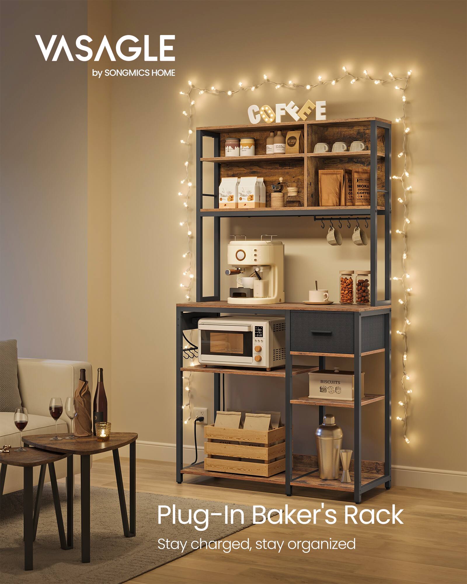 VASAGLE by SONGMICS HOME COFFEE

Plug-In Baker's Rack
Stay charged, stay organized