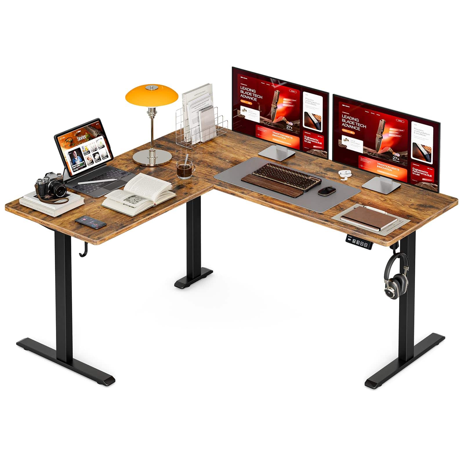 Hirose Alice - Grandder L Shaped Standing Desk Adjustable Height, Electric Standing Corner Desk, nch Sit Stand Computer Ta - Rustic Brown 63 Inch