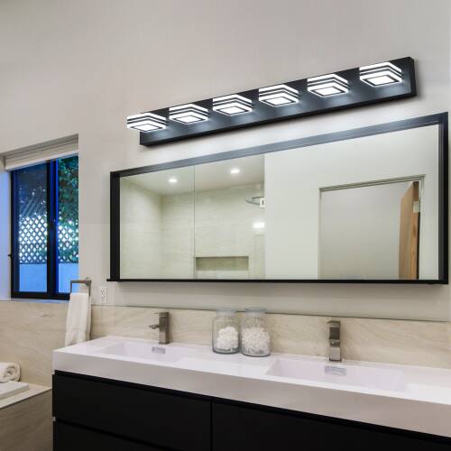 Alt View 1. LUCKY ONE - 39in Wall Mount LED Vanity Light, 6-Light Black Fixture with Square Acrylic Shades for Bathroom - Black.