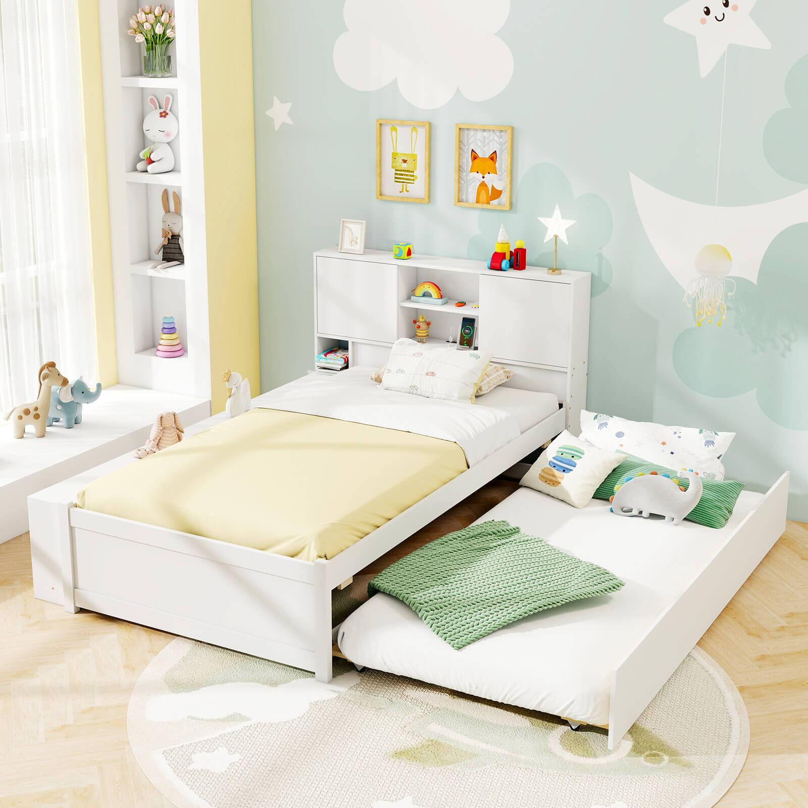 Back. Costway - Costway Twin Size Bed Frame with Trundle & Power Outlet Bookcase Headboard Sliding Doors - White.