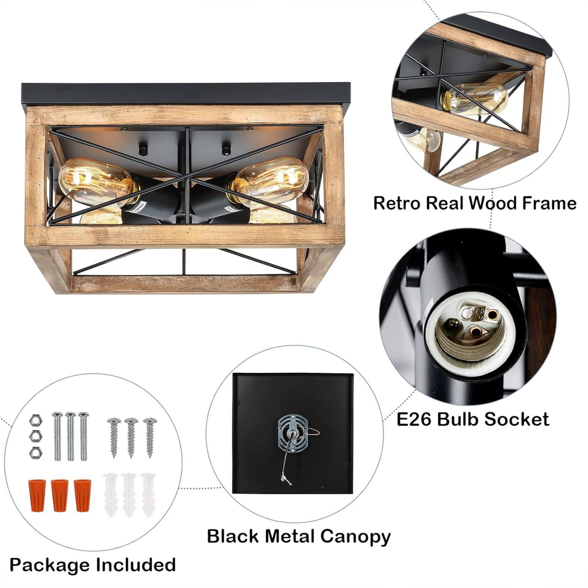 Retro Real Wood Frame  
E26 Bulb Socket  
Black Metal Canopy  
Package Included