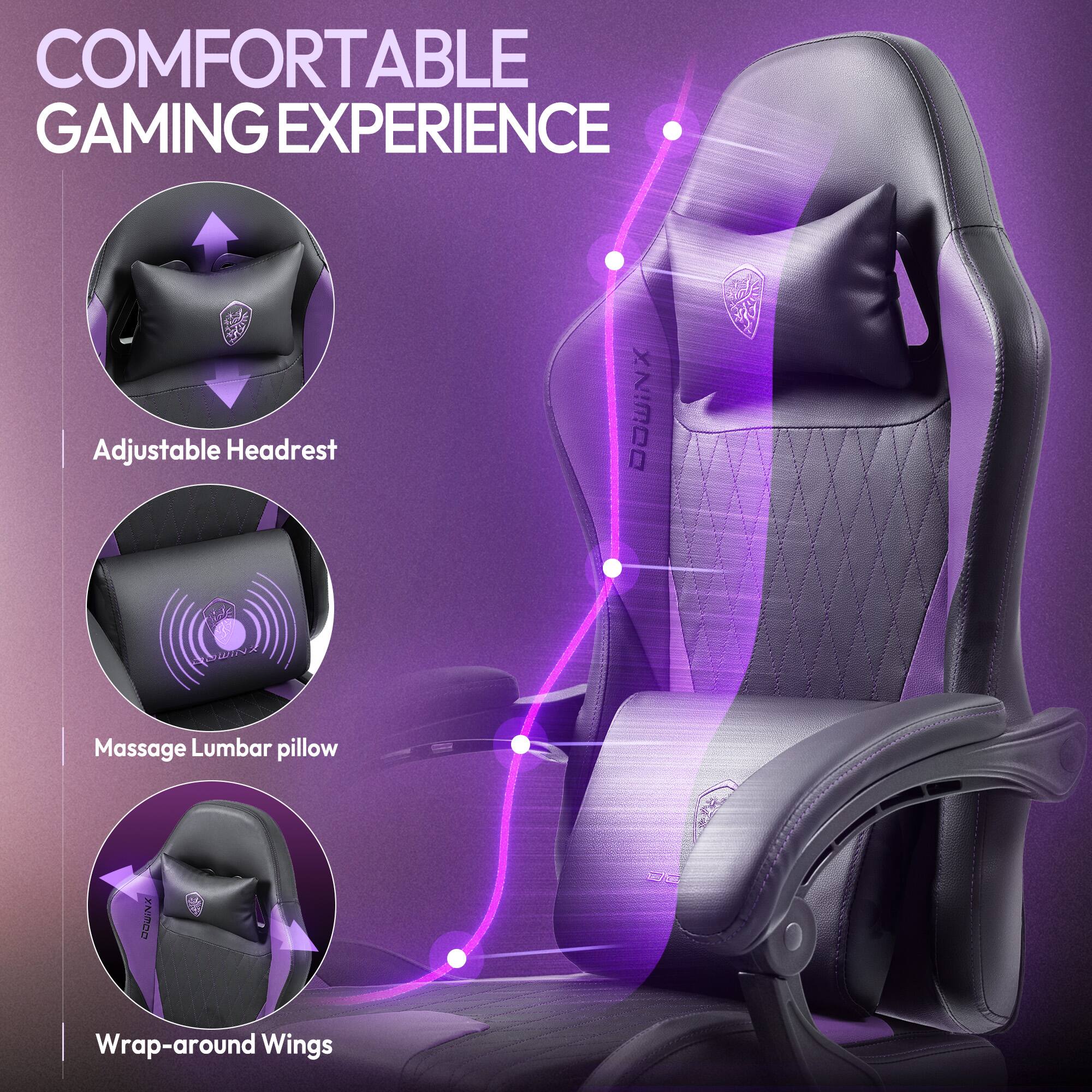 COMFORTABLE GAMING EXPERIENCE

Adjustable Headrest

Massage Lumbar pillow

Wrap-around Wings