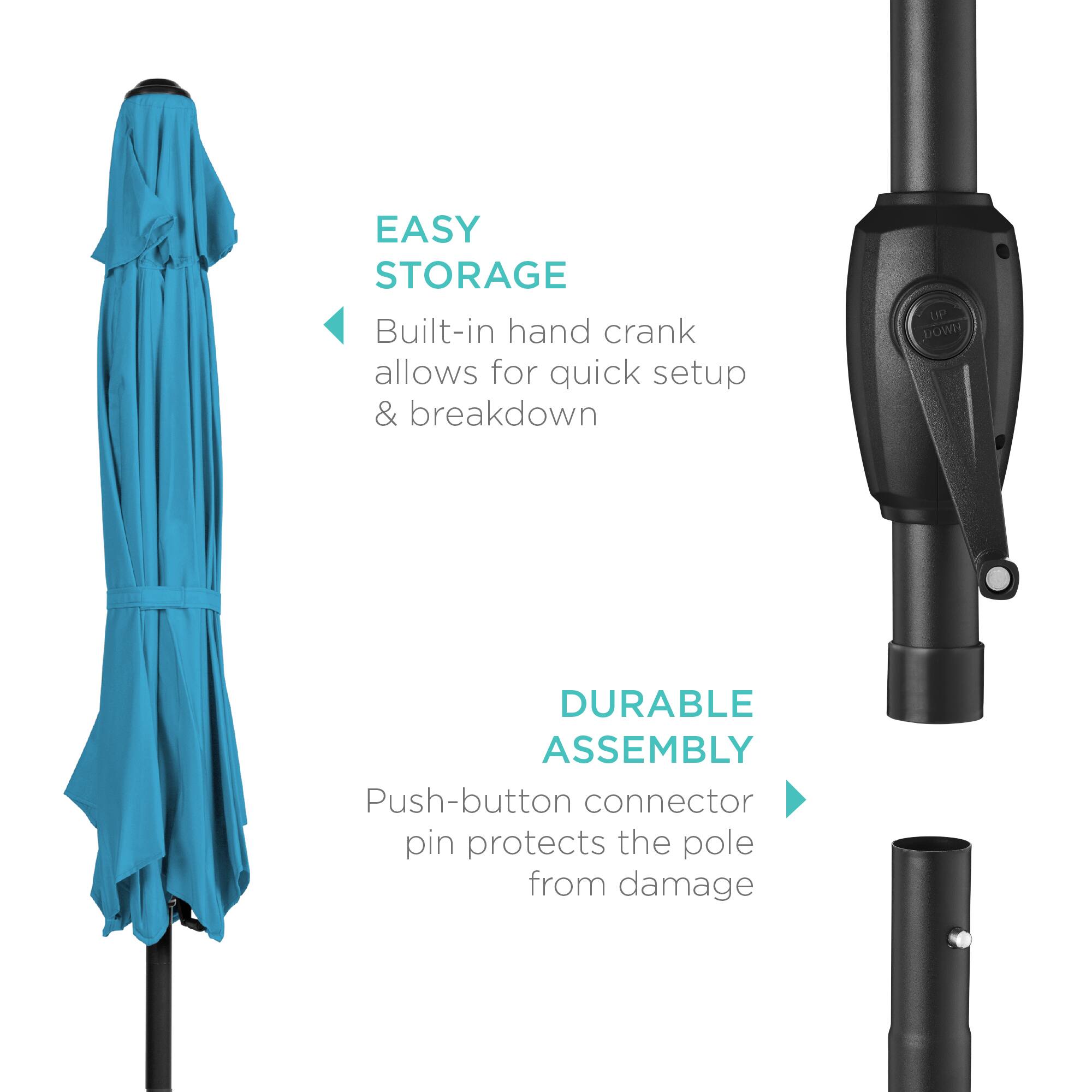 EASY STORAGE  
Built-in hand crank allows for quick setup & breakdown  

DURABLE ASSEMBLY  
Push-button connector pin protects the pole from damage