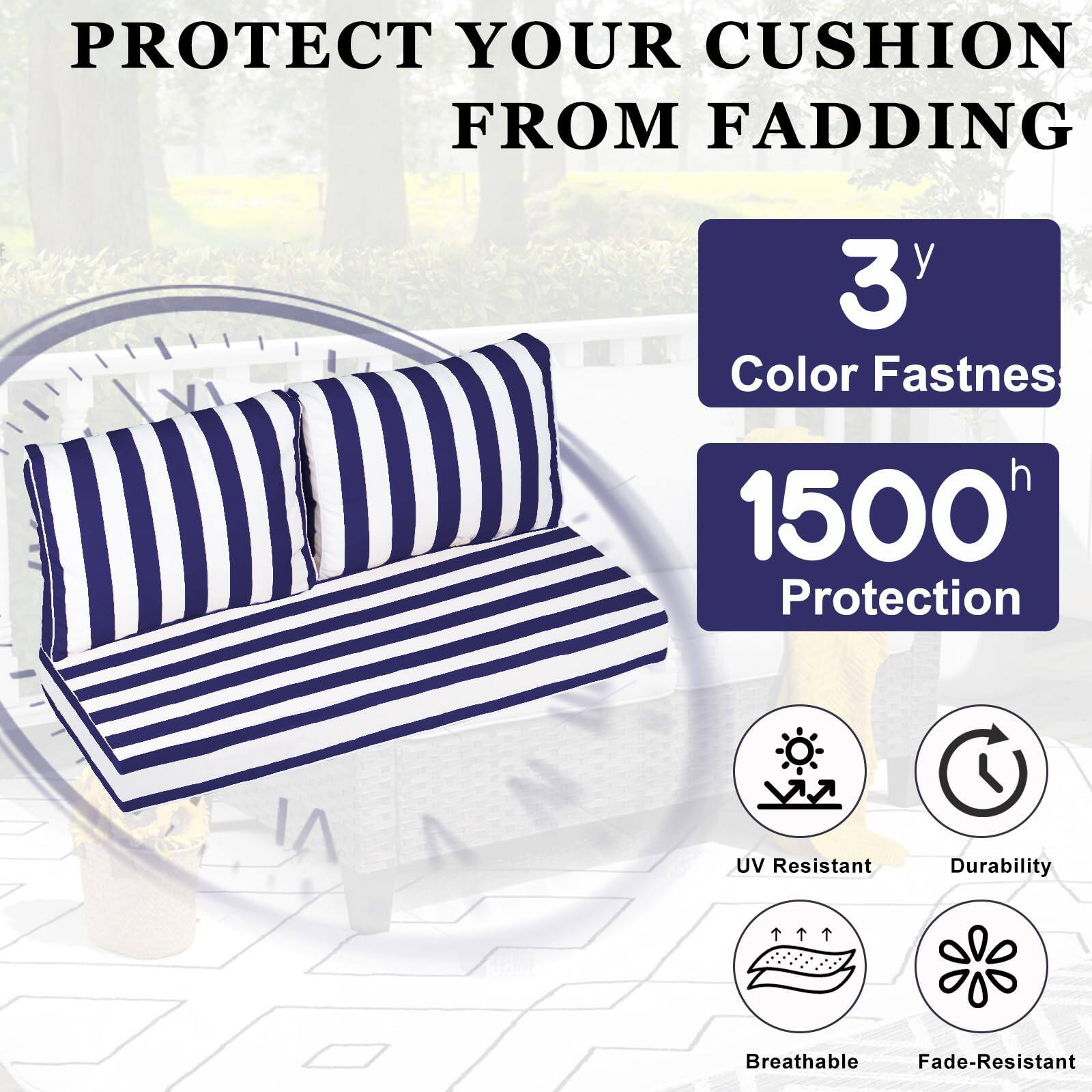 PROTECT YOUR CUSHION FROM FADING

3y Color Fastness

1500h Protection

UV Resistant

Durability

Breathable

Fade-Resistant