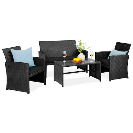Front. Best Choice Products - Best Choice Products 4-Piece Outdoor Wicker Patio Conversation Furniture Set w/ Table, Cushions - Black/Black - Black/Black.