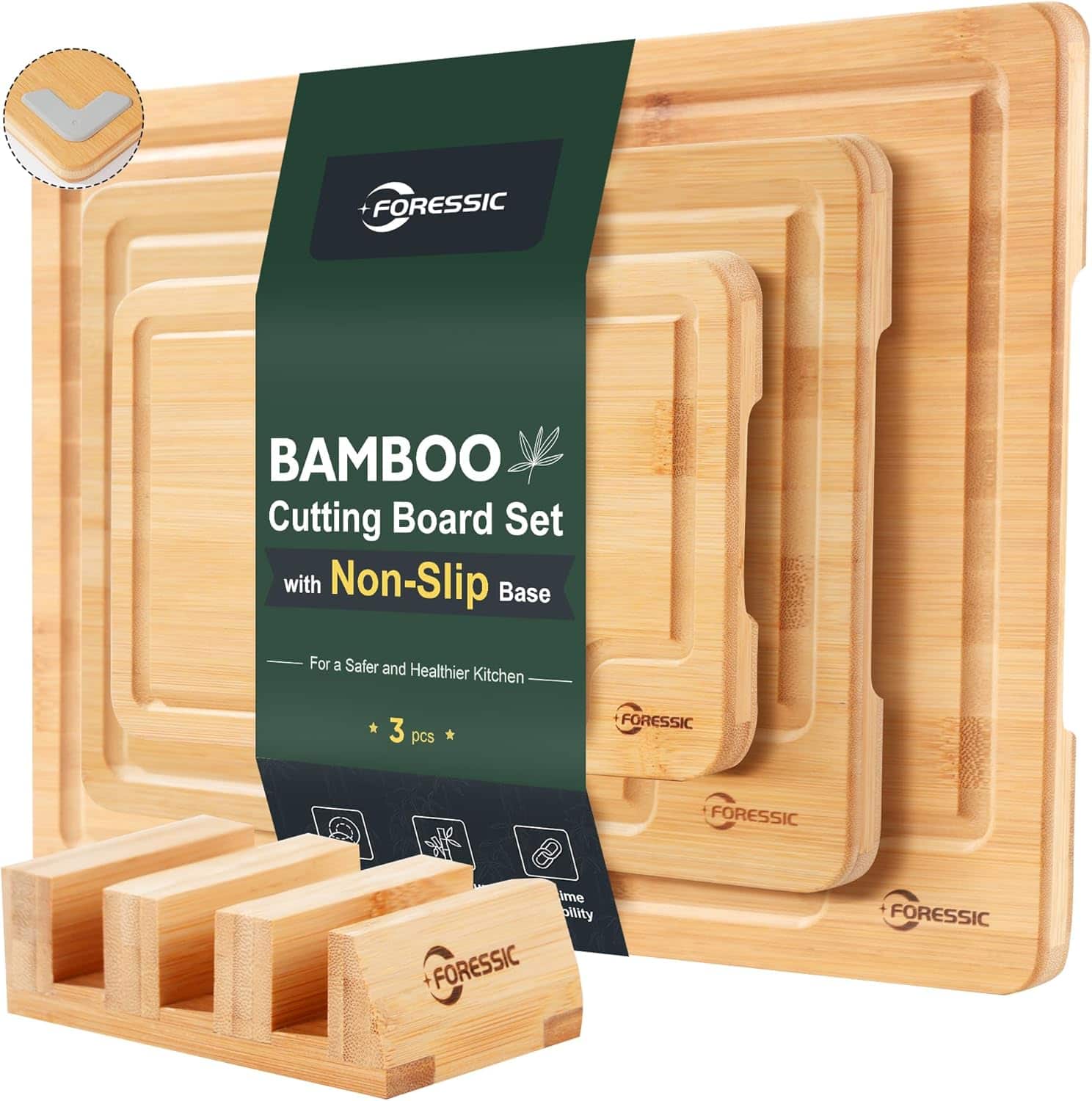 PARKER SLATER - Bamboo Cutting Board Set – 3-Pack, Non-Slip, Reversible, Natural