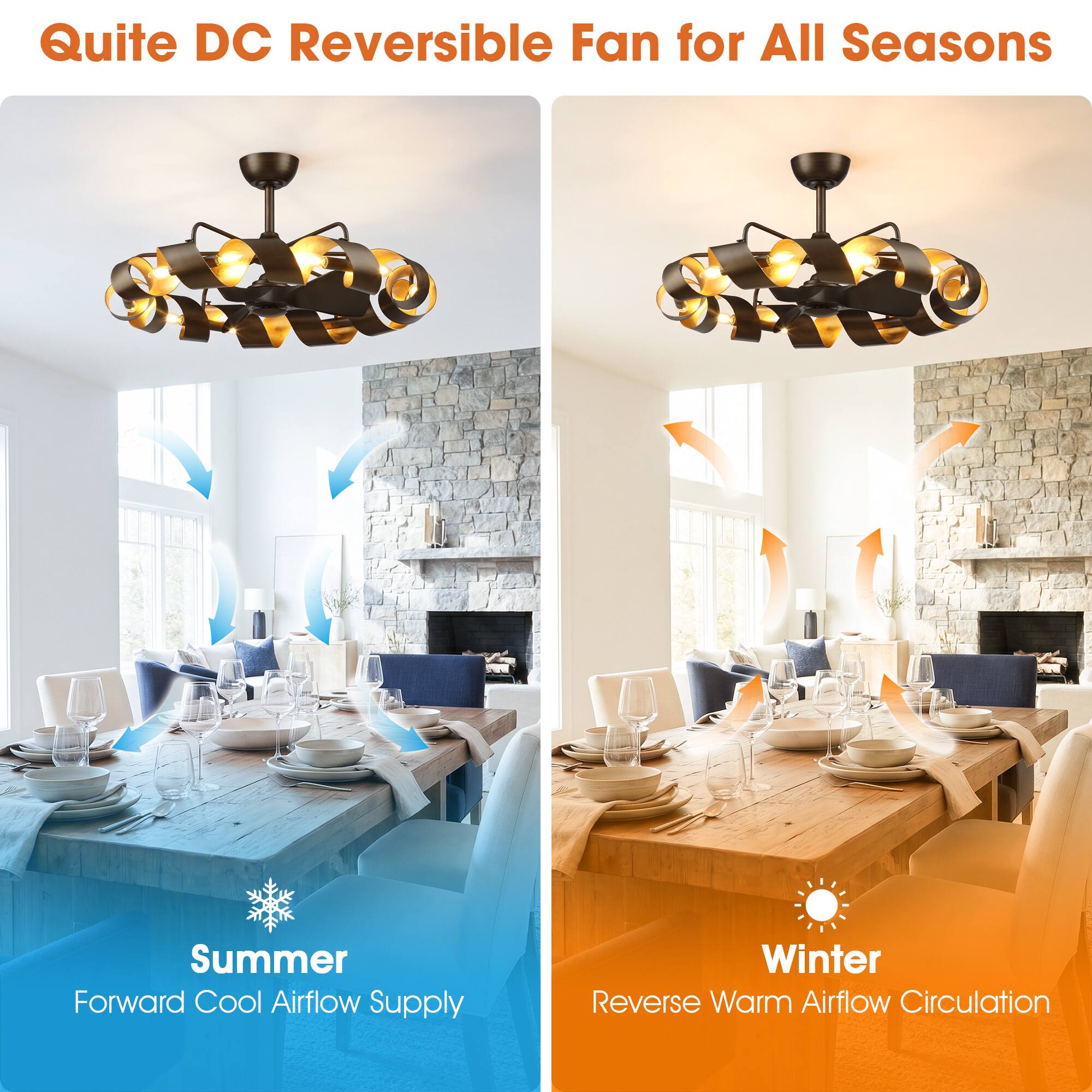Quite DC Reversible Fan for All Seasons

Summer: Forward Cool Airflow Supply

Winter: Reverse Warm Airflow Circulation