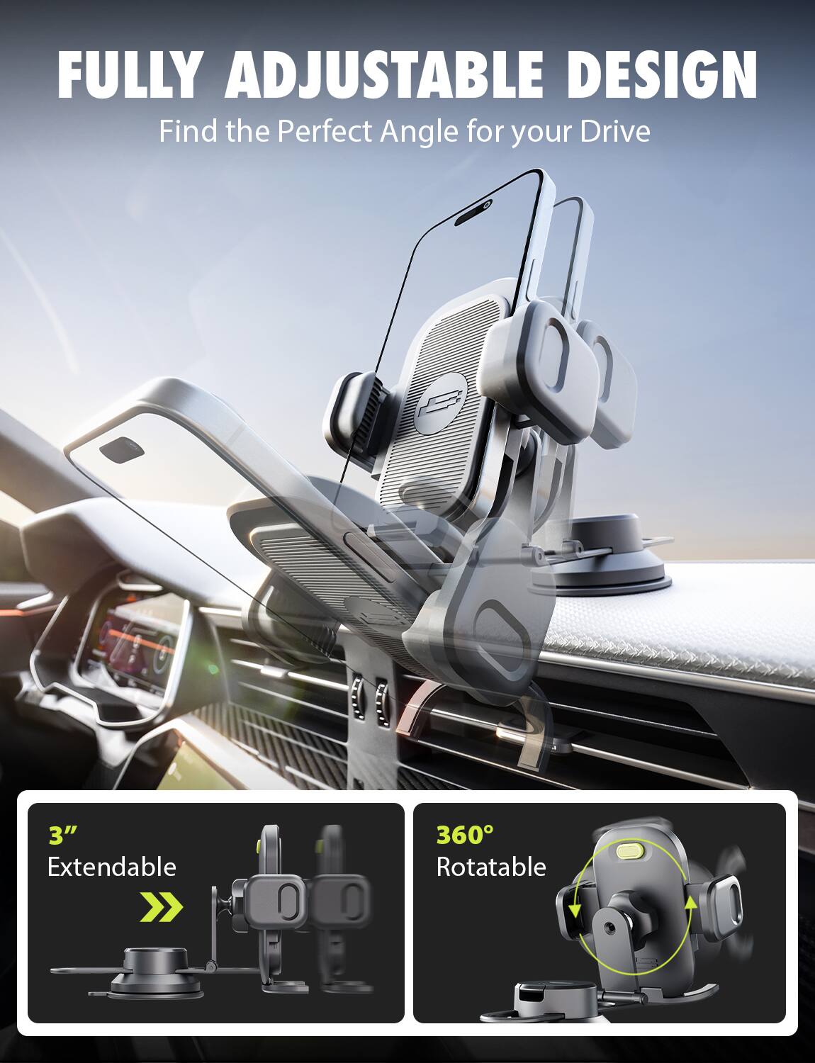 FULLY ADJUSTABLE DESIGN  
Find the Perfect Angle for your Drive  

3" Extendable  
360° Rotatable