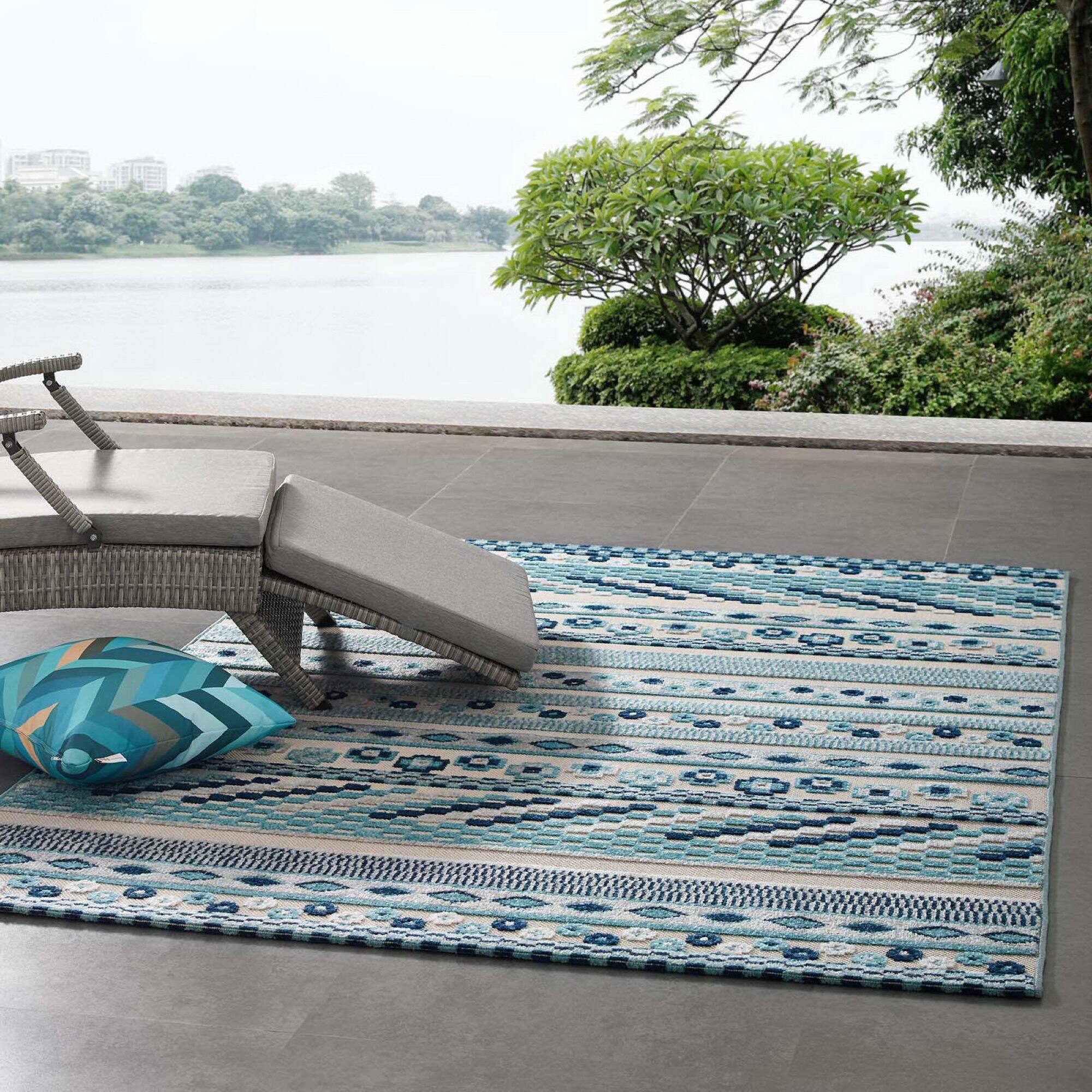Left. Modway - Reflect Cadhla Vintage Abstract Geometric Lattice Indoor and Outdoor Area Rug - Ivory and Blue.