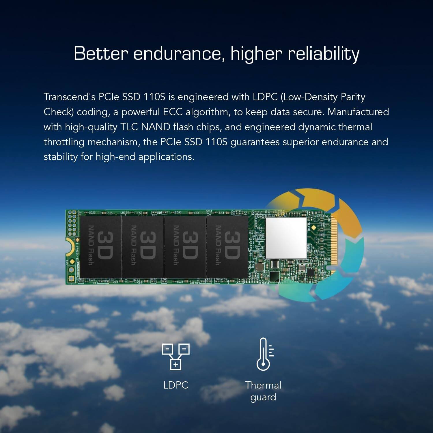 Better endurance, higher reliability

Transcend's PCIe SSD 110S is engineered with LDPC (Low-Density Parity Check) coding, a powerful ECC algorithm, to keep data secure. Manufactured with high-quality TLC NAND flash chips, and engineered dynamic thermal throttling mechanism, the PCIe SSD 110S guarantees superior endurance and stability for high-end applications.

MTI NAND 3D Flash NAND 3D Flash NAND 3D Flash NAND 3D Flash + LDPC Thermal guard