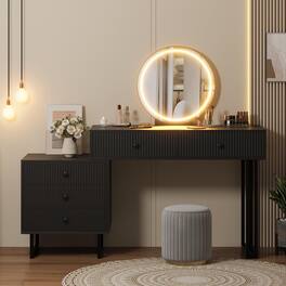 GARVEE - Vanity Desk with Mirror and Lights, 5-Drawer Makeup Vanity, 3-Color LED, Adjustable Brightness - Black