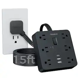 TESSAN - 1700J Protection,15 FT Flat Plug,Surge Protector Power Strip with 6 Outlets and 3USB Ports(1USB C) - Black