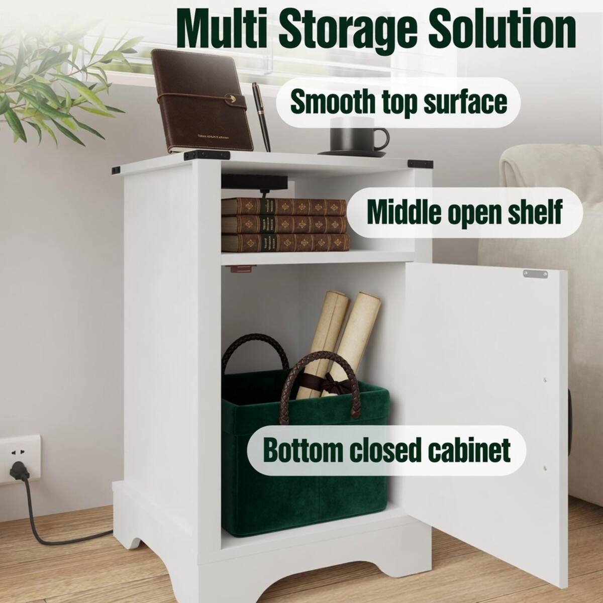 Multi Storage Solution  
Smooth top surface  
Middle open shelf  
Bottom closed cabinet