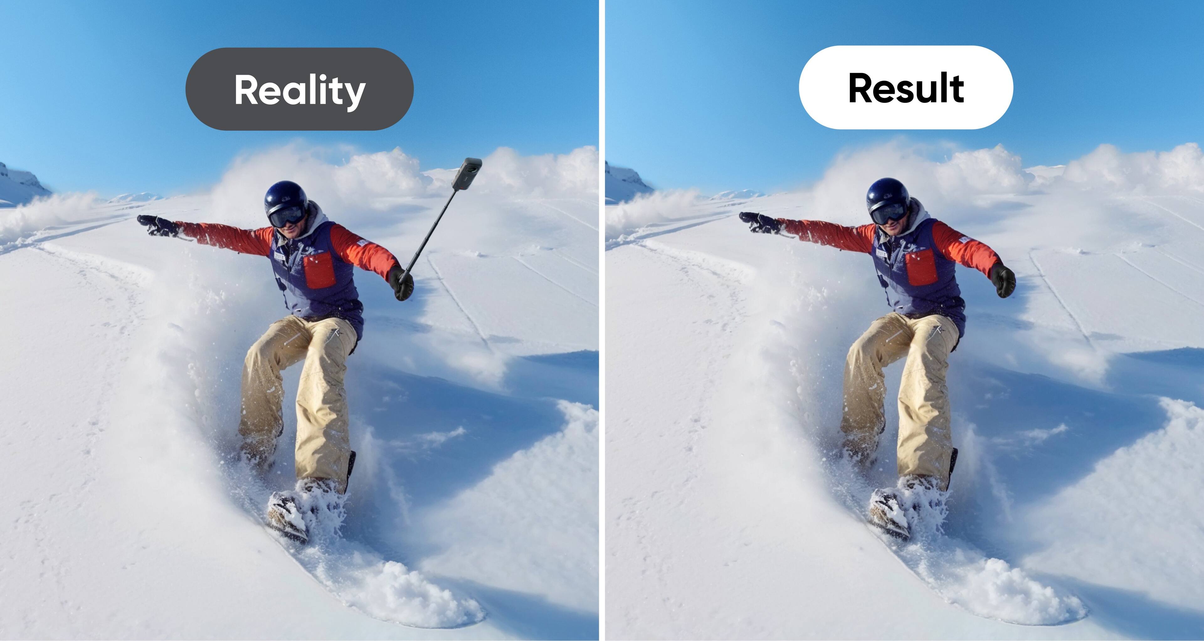 Reality: A man skiing down a snow-covered slope.
Result: A man skiing down a snow-covered slope.