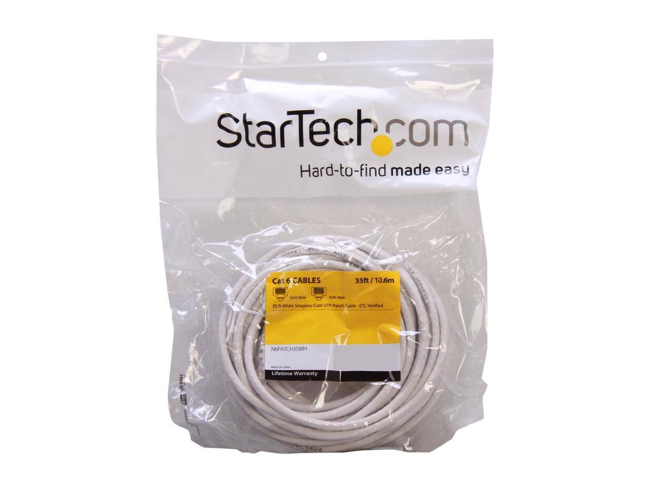 StarTech.com  
Hard-to-find made easy  

Cat 6 CABLES  
35ft / 10.6m  
RJ45 Male  
35 ft White Snagless Cat6 UTP Patch Cable - ETL Verified  
N6PATCH35WH  
Lifetime Warranty