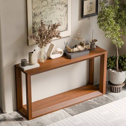 Front. Loheer - Loheer Console Table, Dark Brown Rectangular Sofa Table Behind Couch with Open Shelf, 60 Inch Entryway Table - Dark Brown.