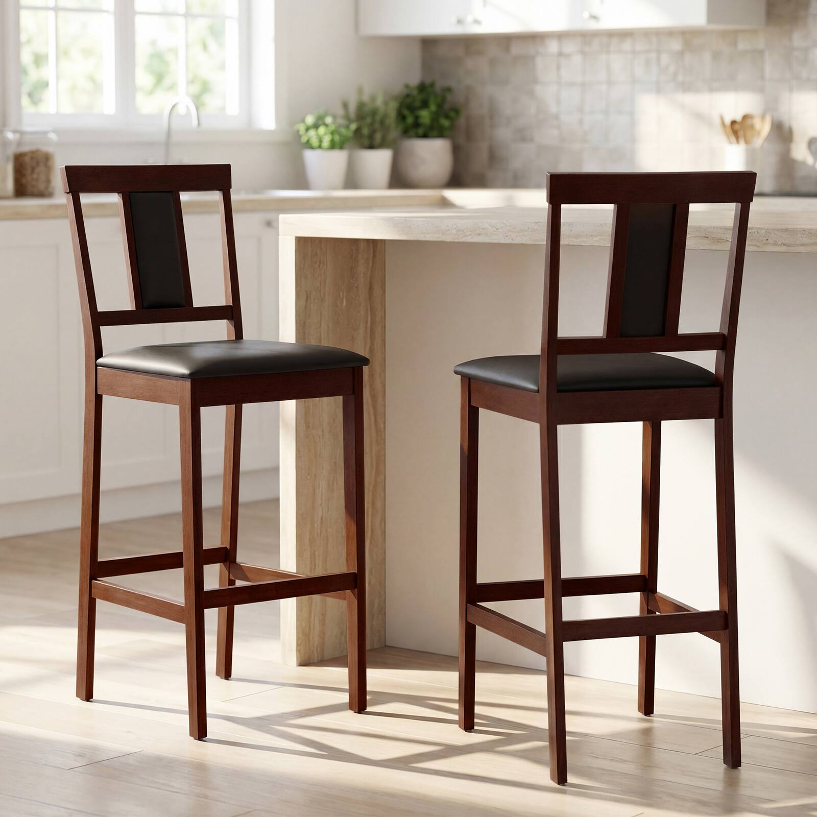 Alt View 1. Costway - Costway Upholstered Barstool Set of 2, Farmhouse 29.5" Bar Height Kitchen Island Stool - Walnut + Black.