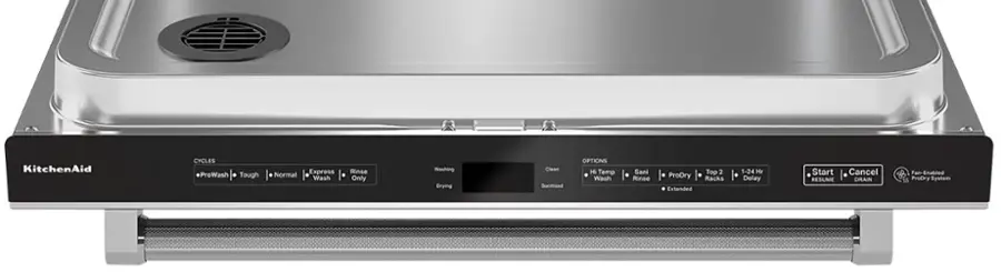KitchenAid CYCLES ProWash Tough Express Normal Wash Rinse Only Washing Brying Clean Sanitized OPTIONS Temperature Wash Sani Rinse Top 2 ProDry Racks Extended 1-24 Hr Delay Start RESUME Cancel DRAIN Fan-Enabled 5 ProDry System