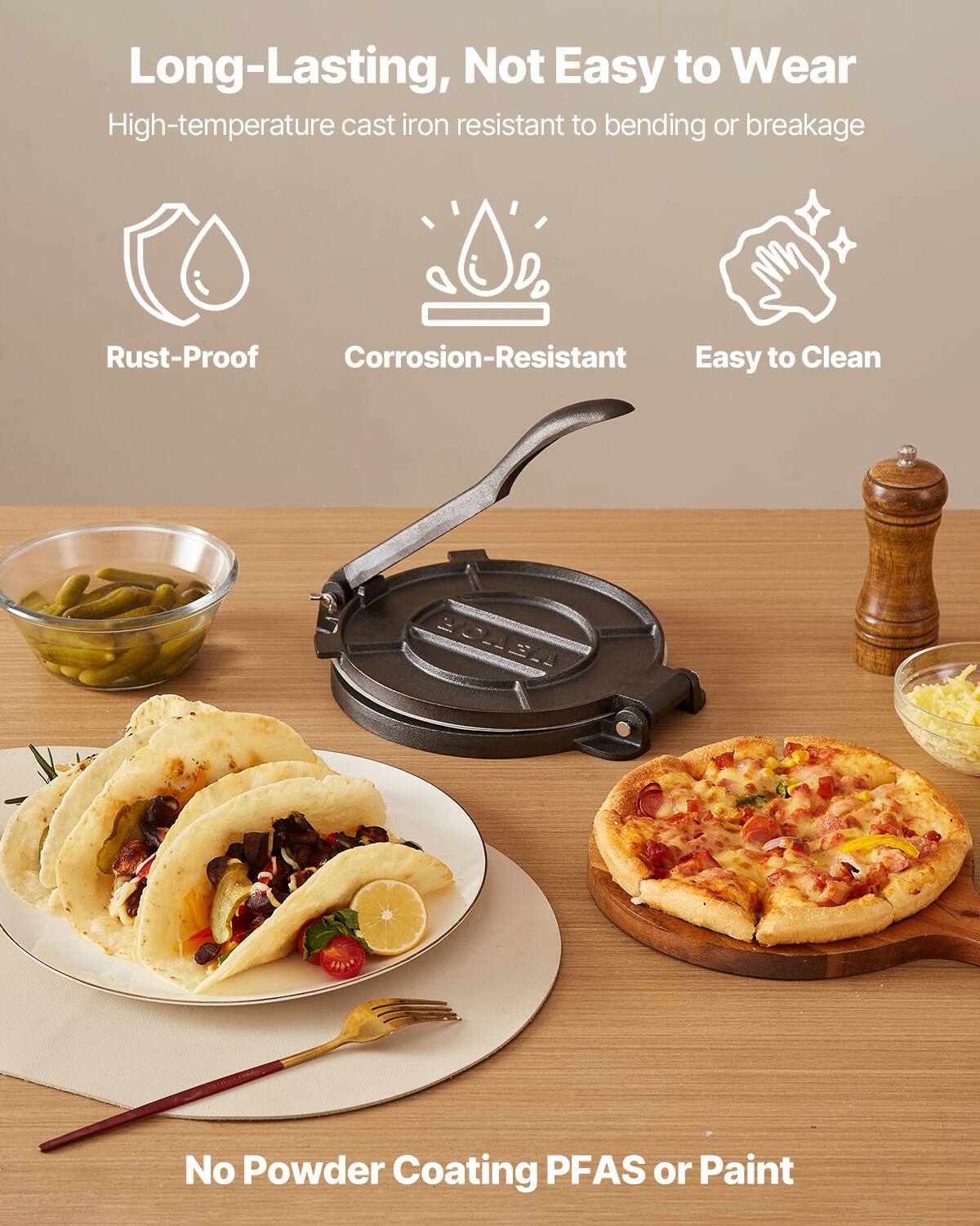 Long-Lasting, Not Easy to Wear  
High-temperature cast iron resistant to bending or breakage  

- Rust-Proof  
- Corrosion-Resistant  
- Easy to Clean  

No Powder Coating PFAS or Paint