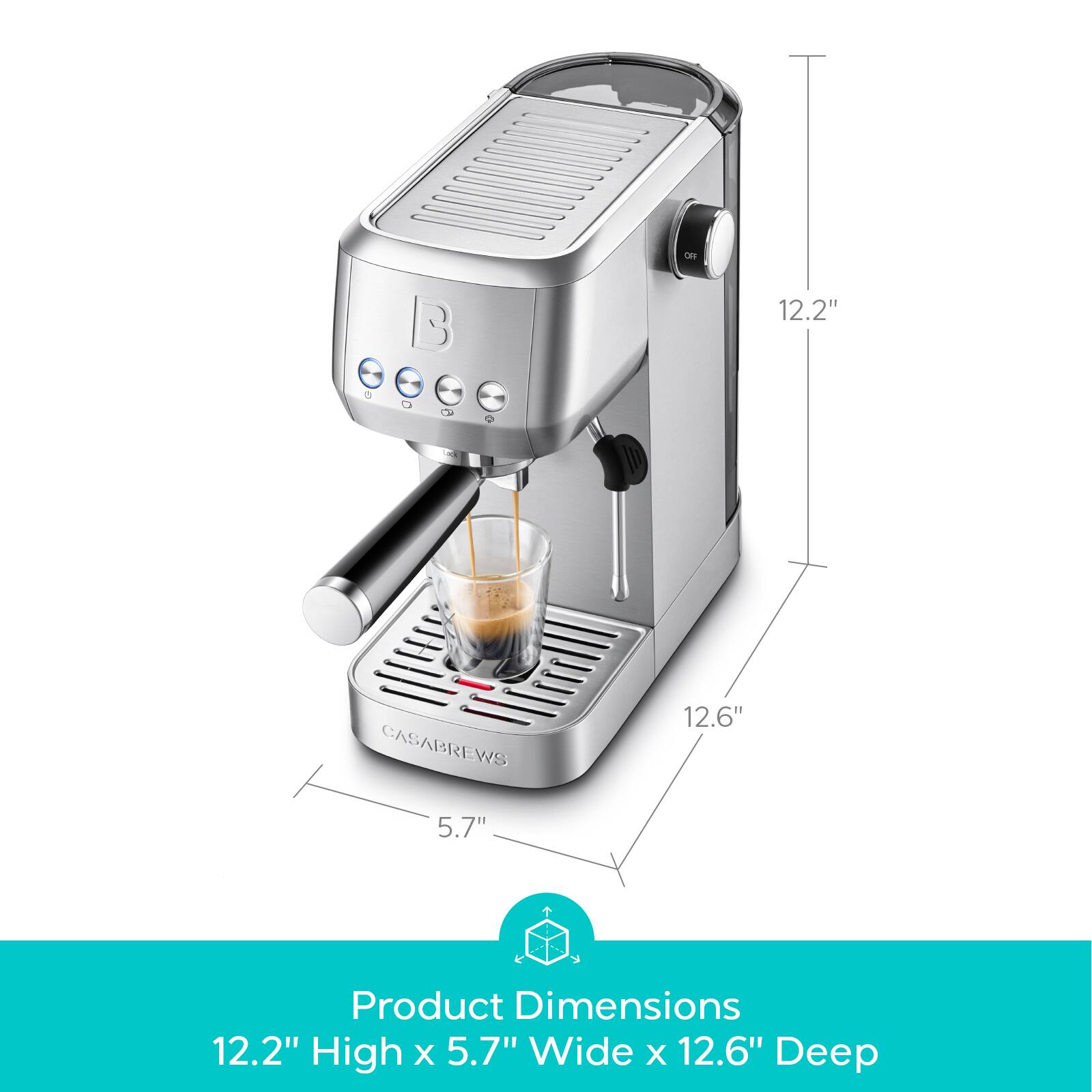 F 3 12.2" CASABREWS 12.6" 5.7" Product Dimensions 12.2" High x 5.7" Wide x 12.6" Deep