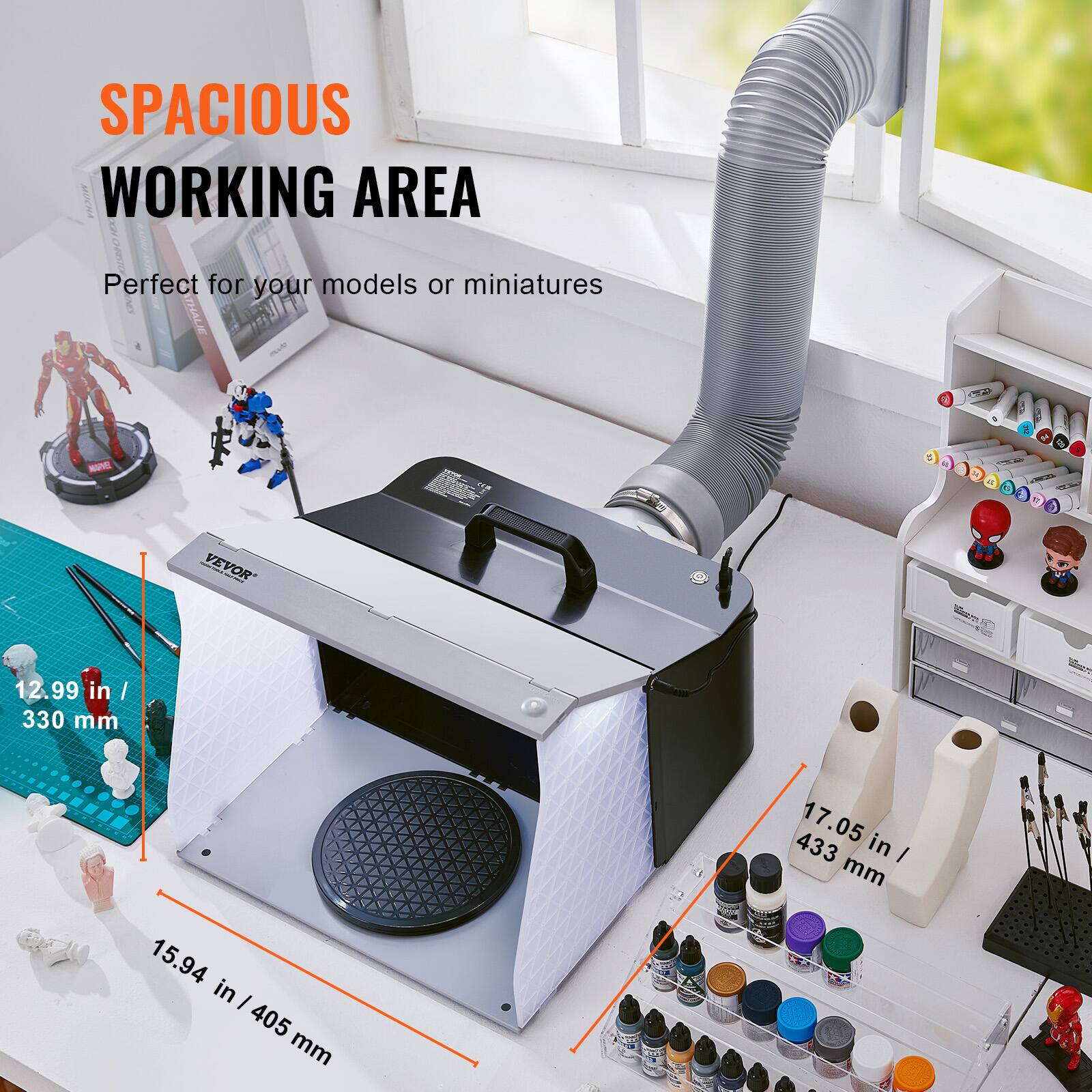 SPACIOUS WORKING AREA  
Perfect for your models or miniatures  

12.99 in / 330 mm  
17.05 in / 433 mm  
15.94 in / 405 mm