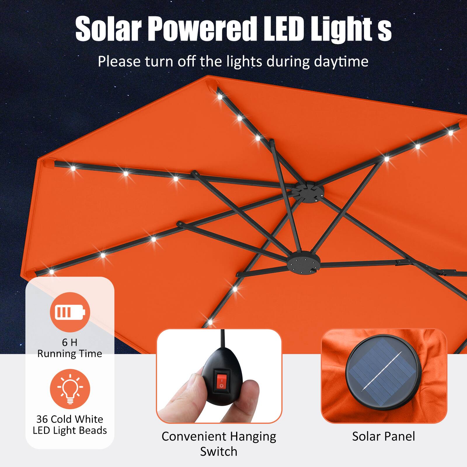 Solar Powered LED Lights  
Please turn off the lights during daytime  

- 6 H Running Time  
- 36 Cold White LED Light Beads  
- Convenient Hanging Switch  
- Solar Panel