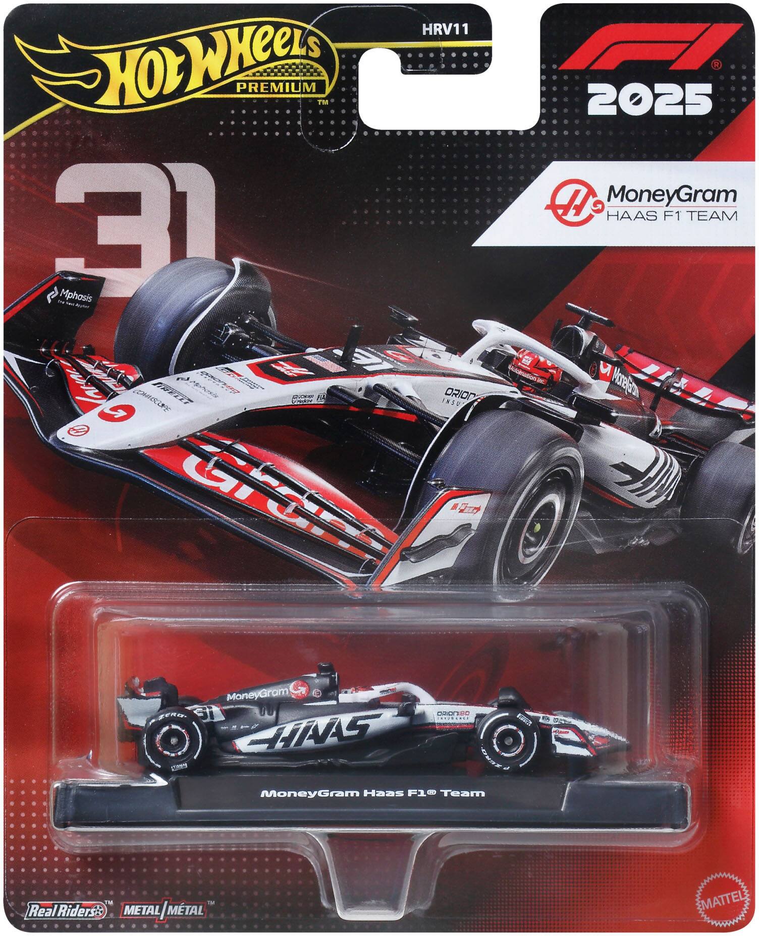 HRV11  
Hot Wheels Premium  
30  
Mphasis  
MoneyGram Haas F1 Team  
2025  
F1  
Real Riders  
Metal/Metal  
Mattel