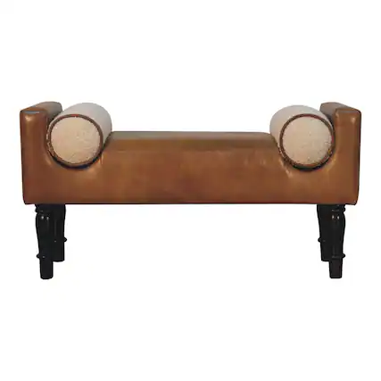 Front. Artisan Furniture - Artisan Furniture Solid Wood Chester Buffalo Bench, Upholstered, Brown & Cream - Brown & Cream.