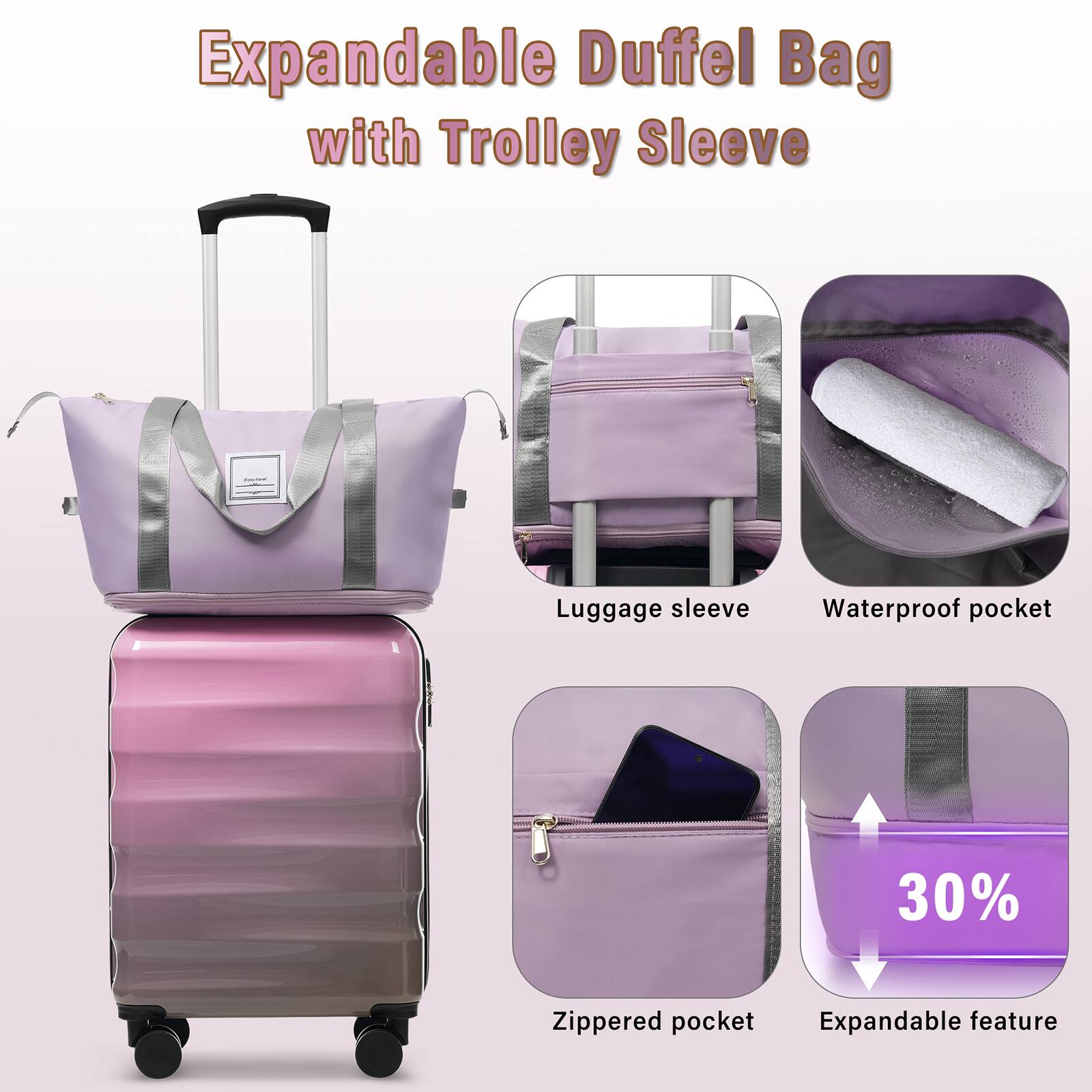 Expandable Duffel Bag with Trolley Sleeve

- Luggage sleeve
- Waterproof pocket
- Zippered pocket
- Expandable feature (30%)