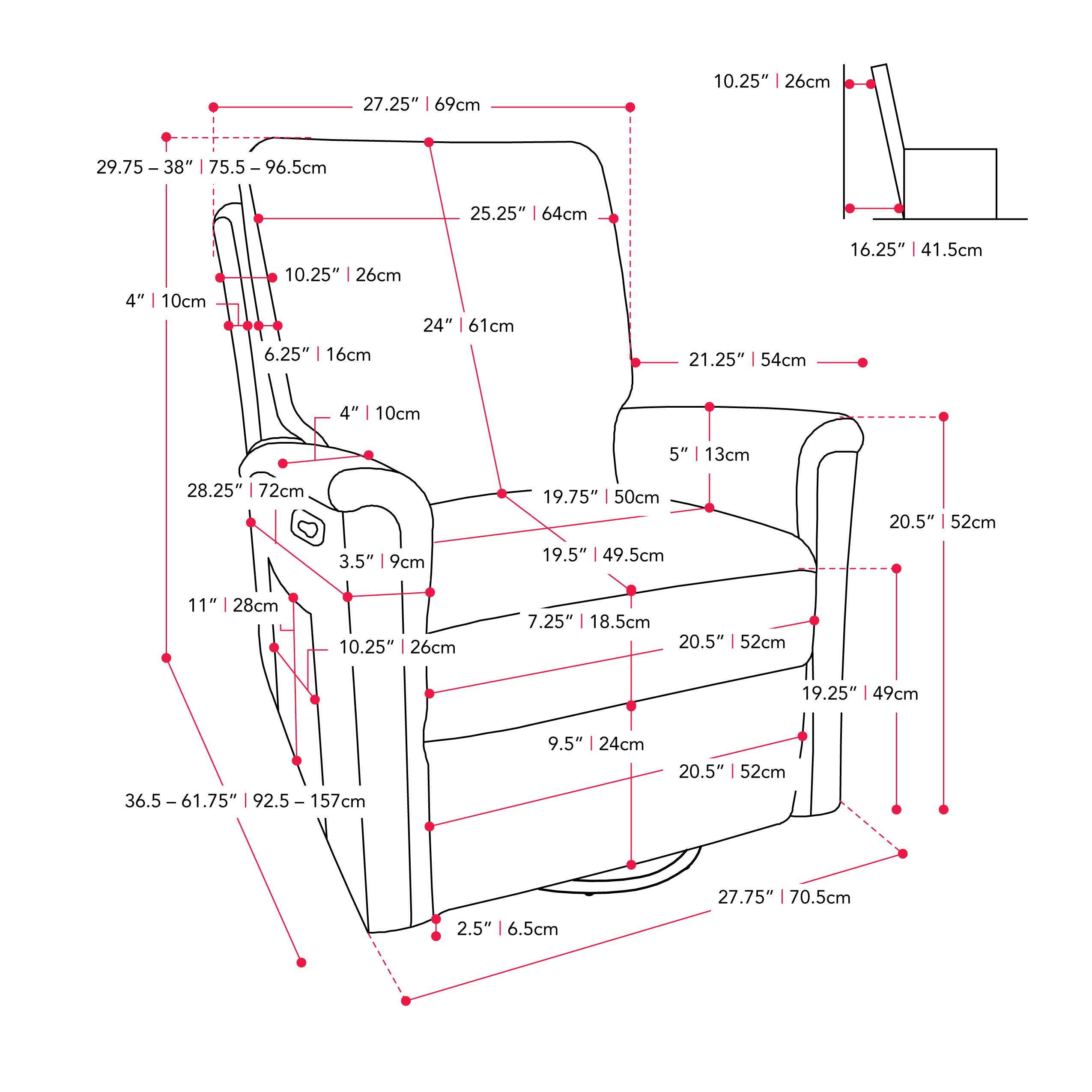 Here is the corrected and grouped text from the image:

- 27.25" | 69cm
- 29.75" - 38" | 75.5 - 96.5cm
- 25.25" | 64cm
- 10.25" | 26cm
- 24" | 61cm
- 6.25" | 16cm
- 4" | 10cm
- 28.25" | 72cm
- 3.5" | 9cm
- 19.75" | 50cm
- 20.5" | 52cm
- 11" | 28cm
- 7.25" | 18.5cm
- 20.5" | 52cm
- 19.25" | 49cm
- 36.5 - 61.75" | 92.5 - 157cm
- 2.5" | 6.