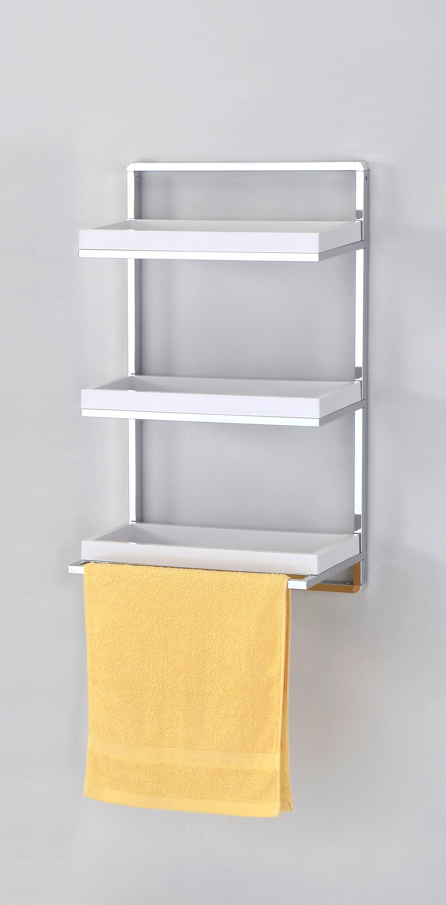Alt View 2. Danya B - Wall Mount 3-Tier White and Chrome Bathroom Shelf with Towel Bar and Removable Trays - Chrome, White.