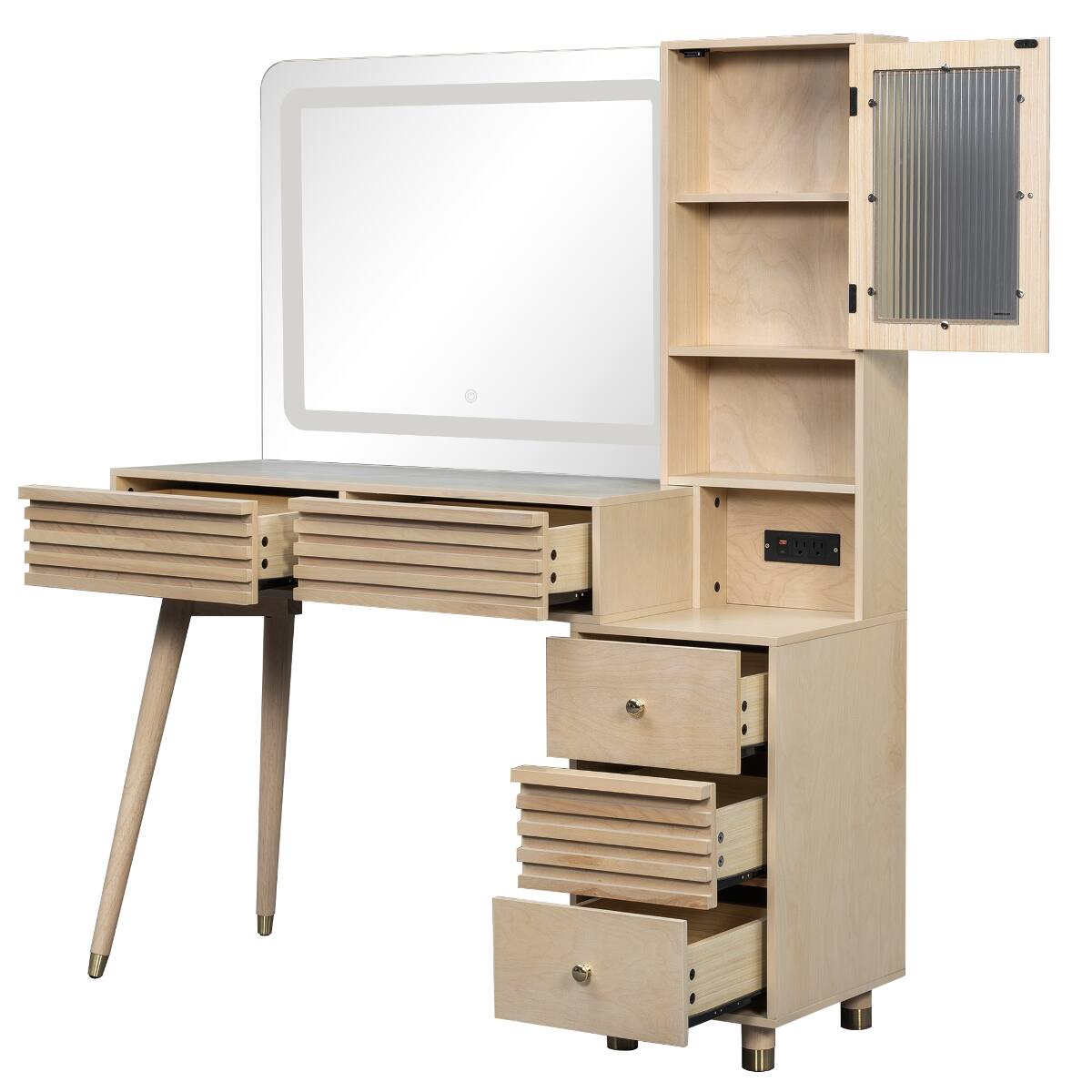 Alt View 9. Loheer - Loheer Makeup Vanity Desk with Mirror and Lights, Natural Finish, Five Drawers - Natural.