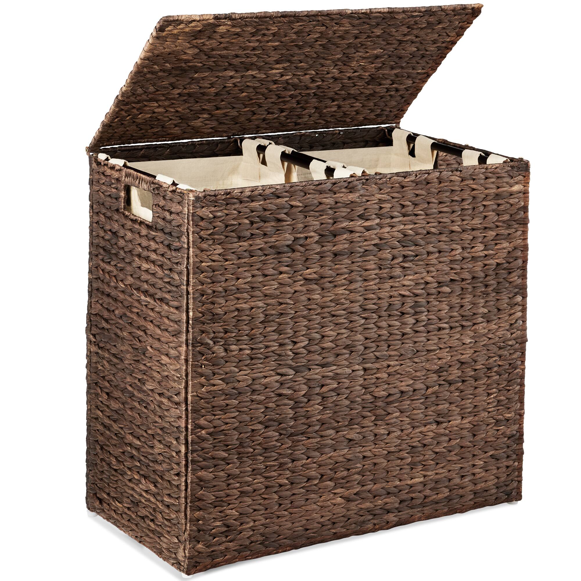 Best Choice Products - Large Natural Water Hyacinth Double Laundry Hamper Basket w/ 2 Liner Bags, Handles - Espresso