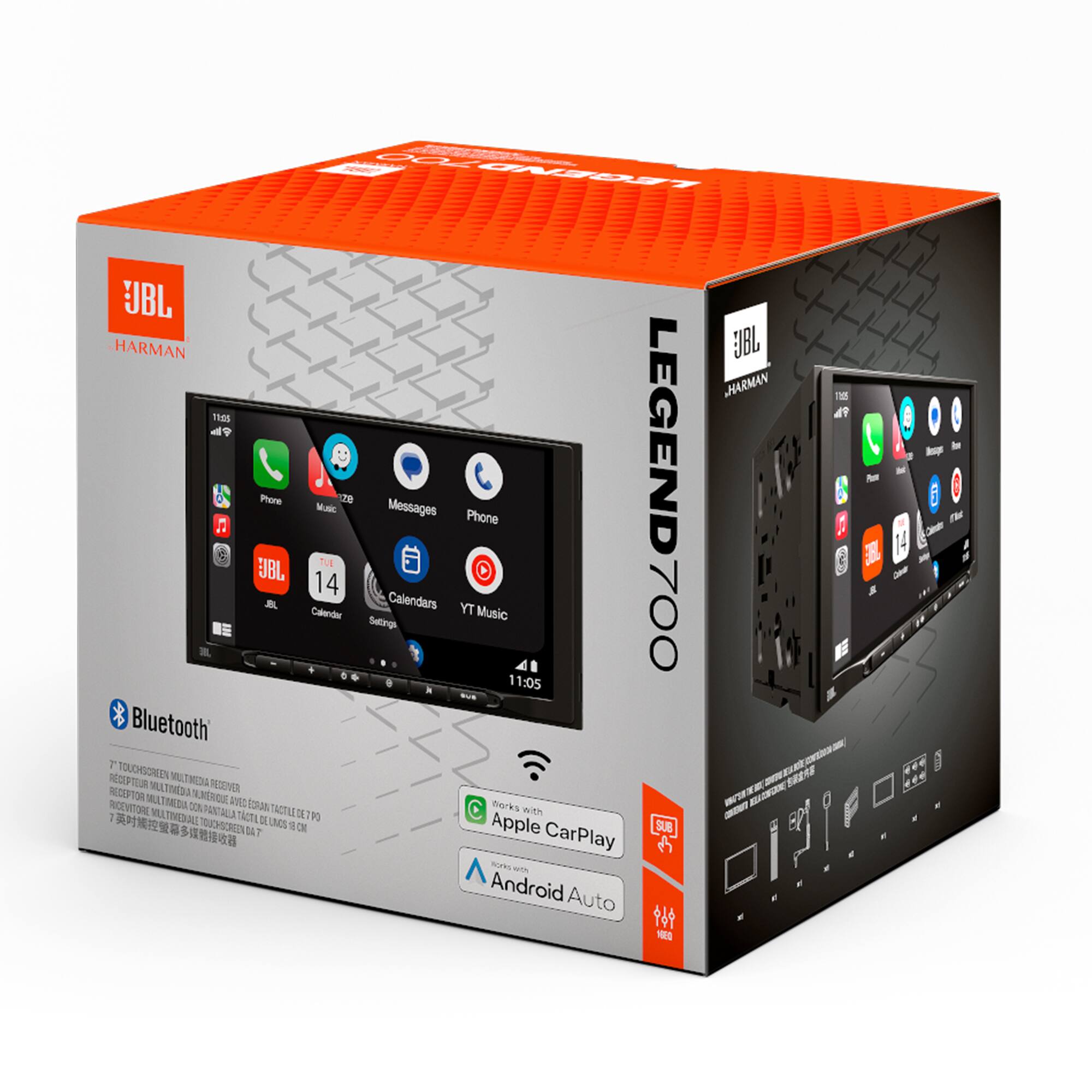 JBL HARMAN  
JBL HARMAN  

11:05  
- Bluetooth  

Phone  
Music  
Messages  
Settings  
Calendars  
YT Music  

CarPlay  
Android Auto  

TOUCHSCREEN  
MULTIMEDIA RECEIVER  

- Apple CarPlay  
- Android Auto  

Bluetooth  
- Works with Apple  
- Works with Android  

JBL  
LEGEND700
