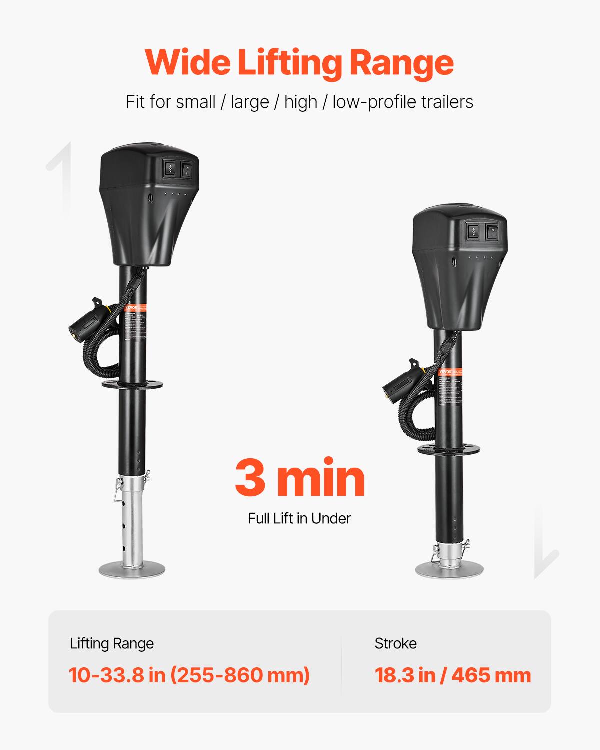 1 Wide Lifting Range  
Fit for small / large / high / low-profile trailers  

3 min Full Lift in Under  

Lifting Range: 10-33.8 in (255-860 mm)  

Stroke: 18.3 in / 465 mm
