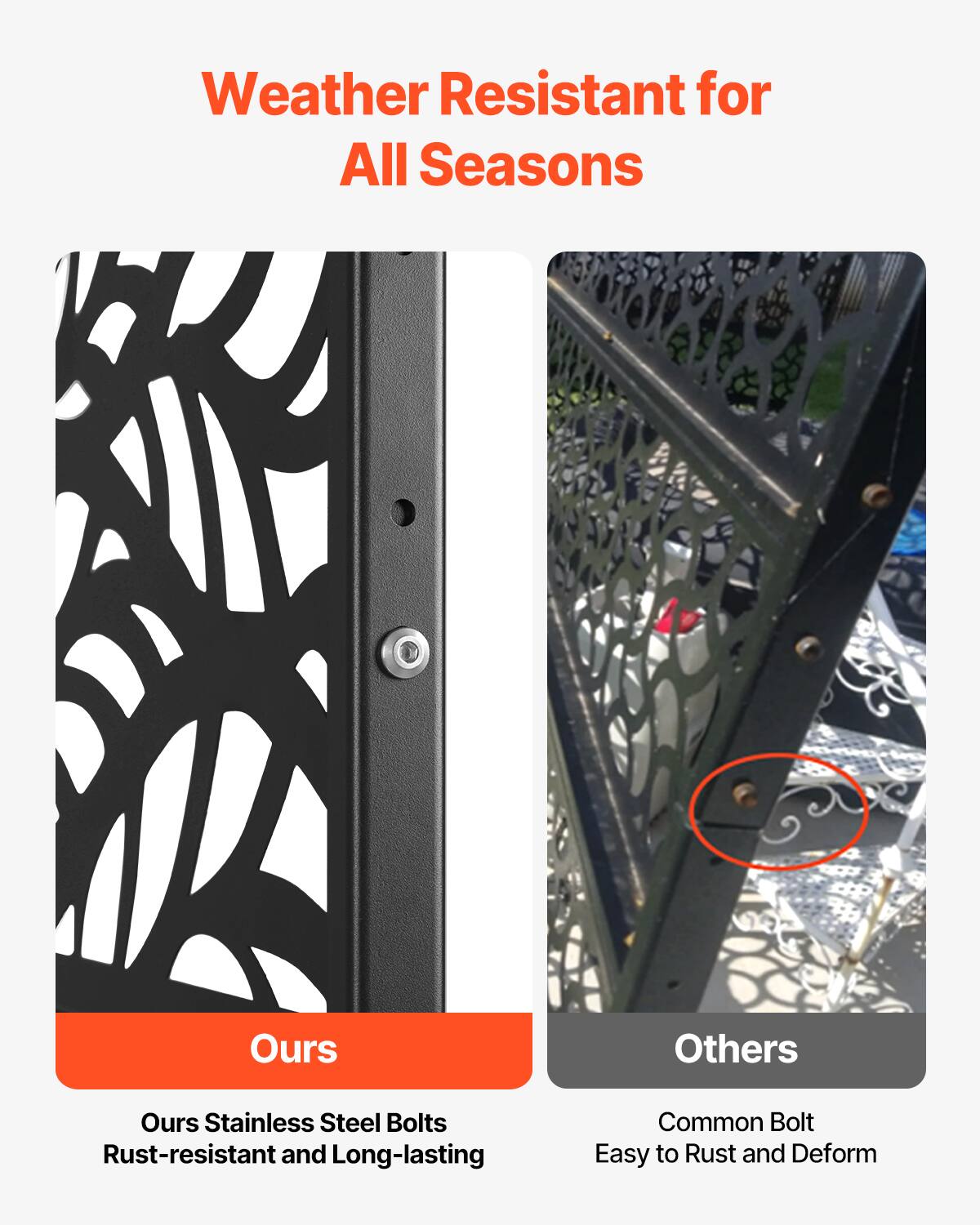 Weather Resistant for All Seasons

Ours
Ours Stainless Steel Bolts
Rust-resistant and Long-lasting

Others
Common Bolt
Easy to Rust and Deform