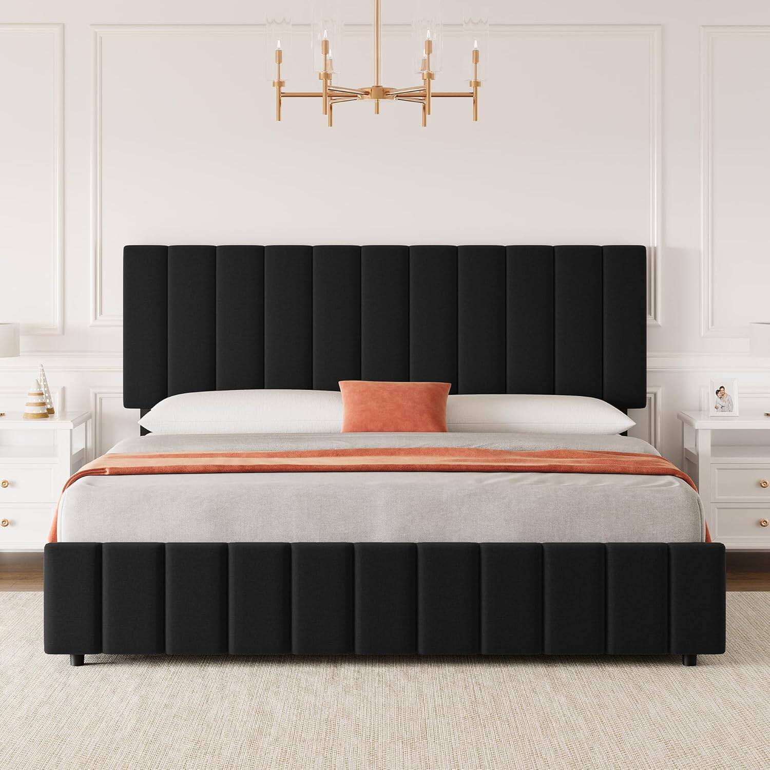 Alt View 2. Jojoka - King Size Upholstered Storage Bed Frame with 4 Drawers, Adjustable Headboard, Wood Slats, No Box Spring, Black - Black.
