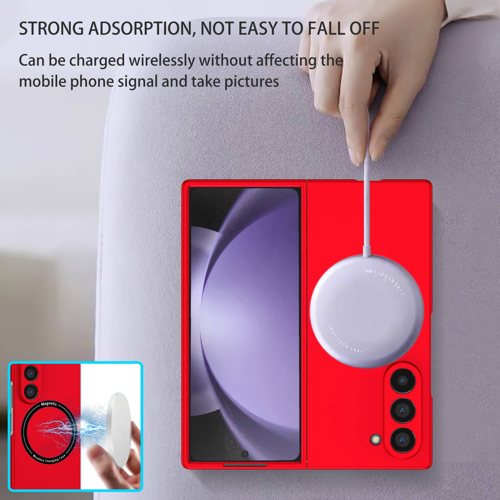 STRONG ADSORPTION, NOT EASY TO FALL OFF  
Can be charged wirelessly without affecting the mobile phone signal and take pictures