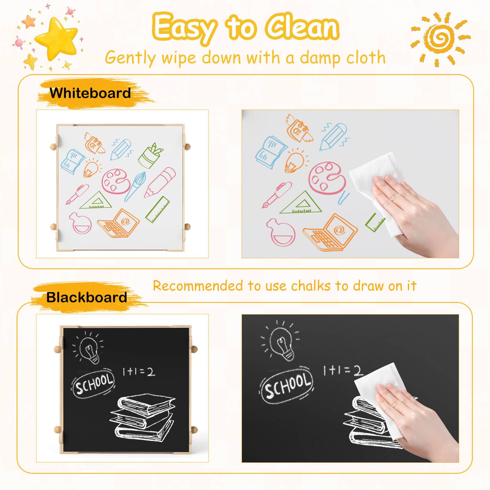 Easy to Clean  
Gently wipe down with a damp cloth

Whiteboard

Blackboard  
Recommended to use chalks to draw on it  
1+1=2 SCHOOL