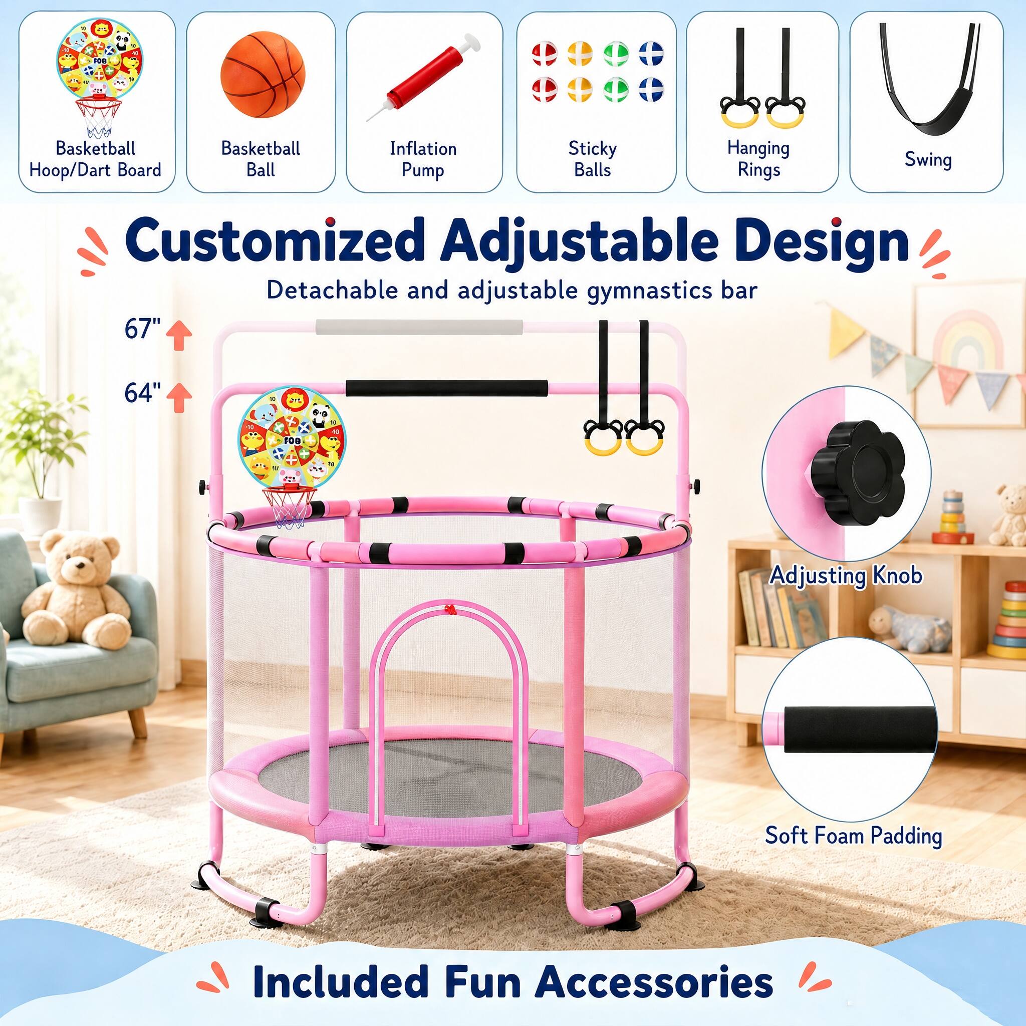 Basketball Basketball Inflation Sticky Hanging Board Ball Pump Balls Rings Swing Hoop/Dart Customized Adjustable Design Detachable and adjustable gymnastics bar 67" 64" 10 2 11 40 g M Adjusting Knob Soft Foam Padding Included Fun Accessories