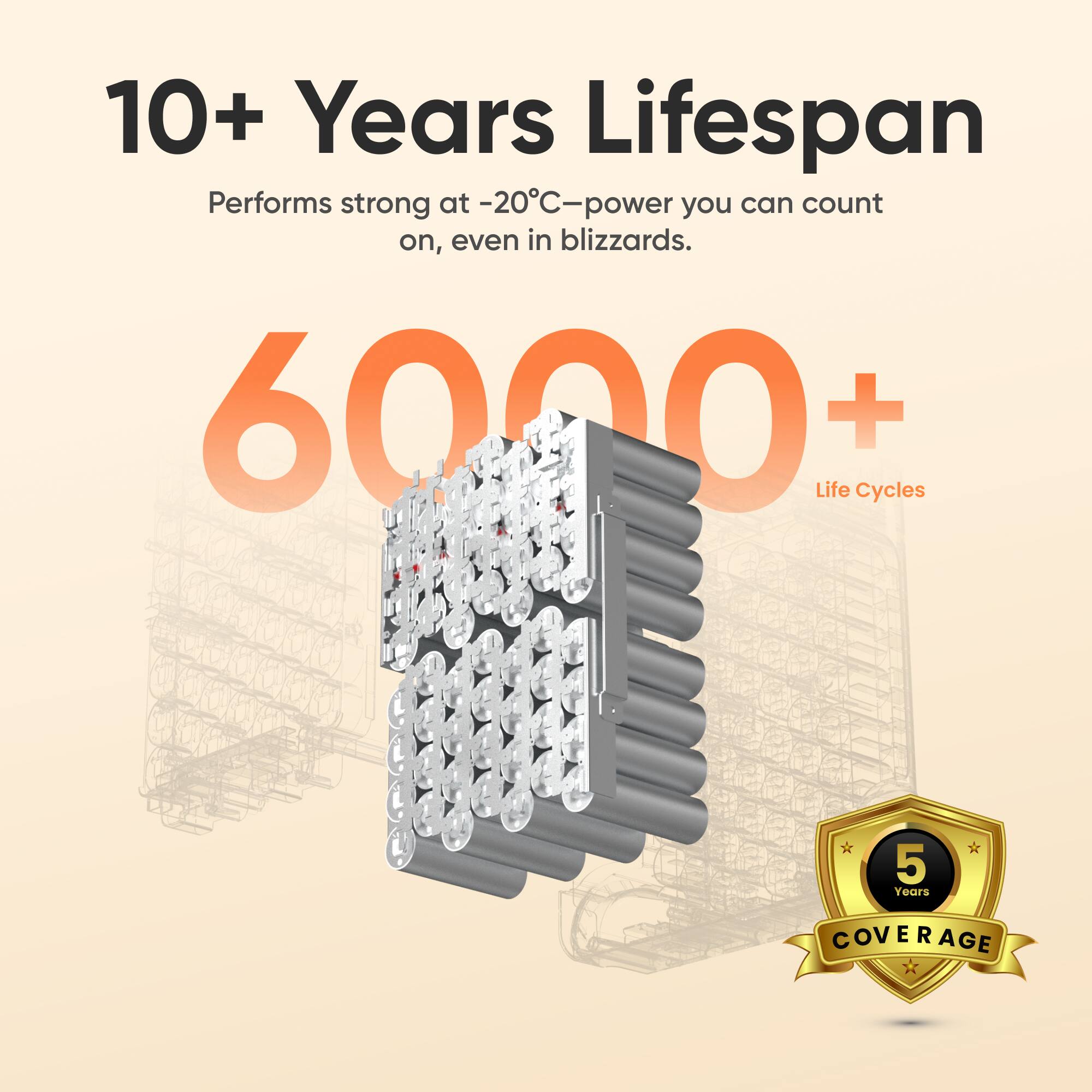 10+ Years Lifespan  
Performs strong at -20°C—power you can count on, even in blizzards.  
6000+ Life Cycles  
5 Years COVERAGE