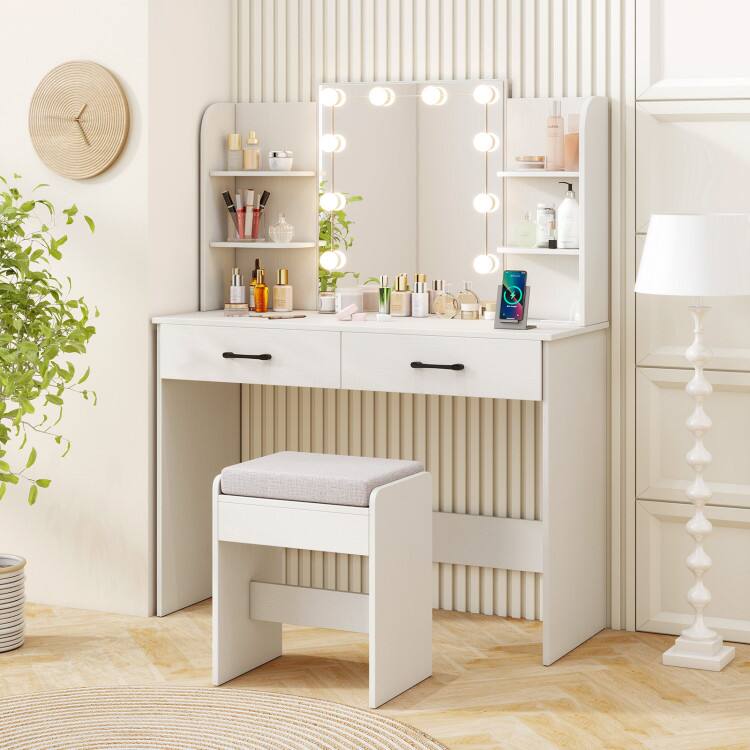 Left. SlickBlue - Vanity Set with Lighted Mirror, Comfortable Stool, and Power Outlet - White.