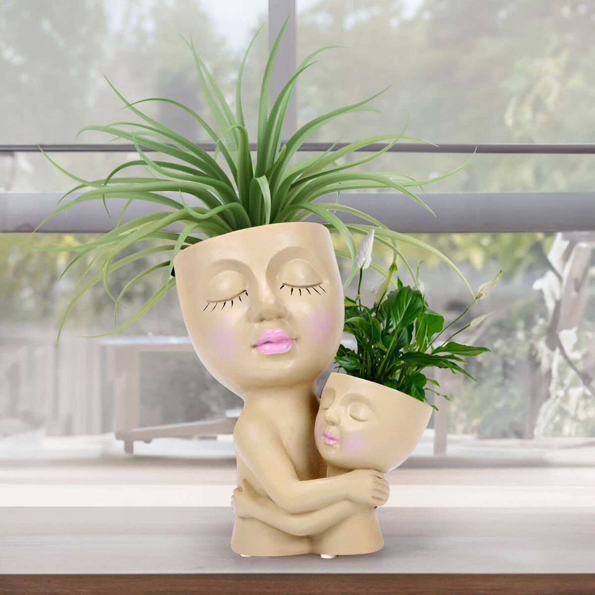 Alt View 2. Oumilen - Resin Mother Child Hugging Face Planter 7.09", 2-in-1 Succulent Pot with Drainage for Indoor Outdoor Tabletop Decor.