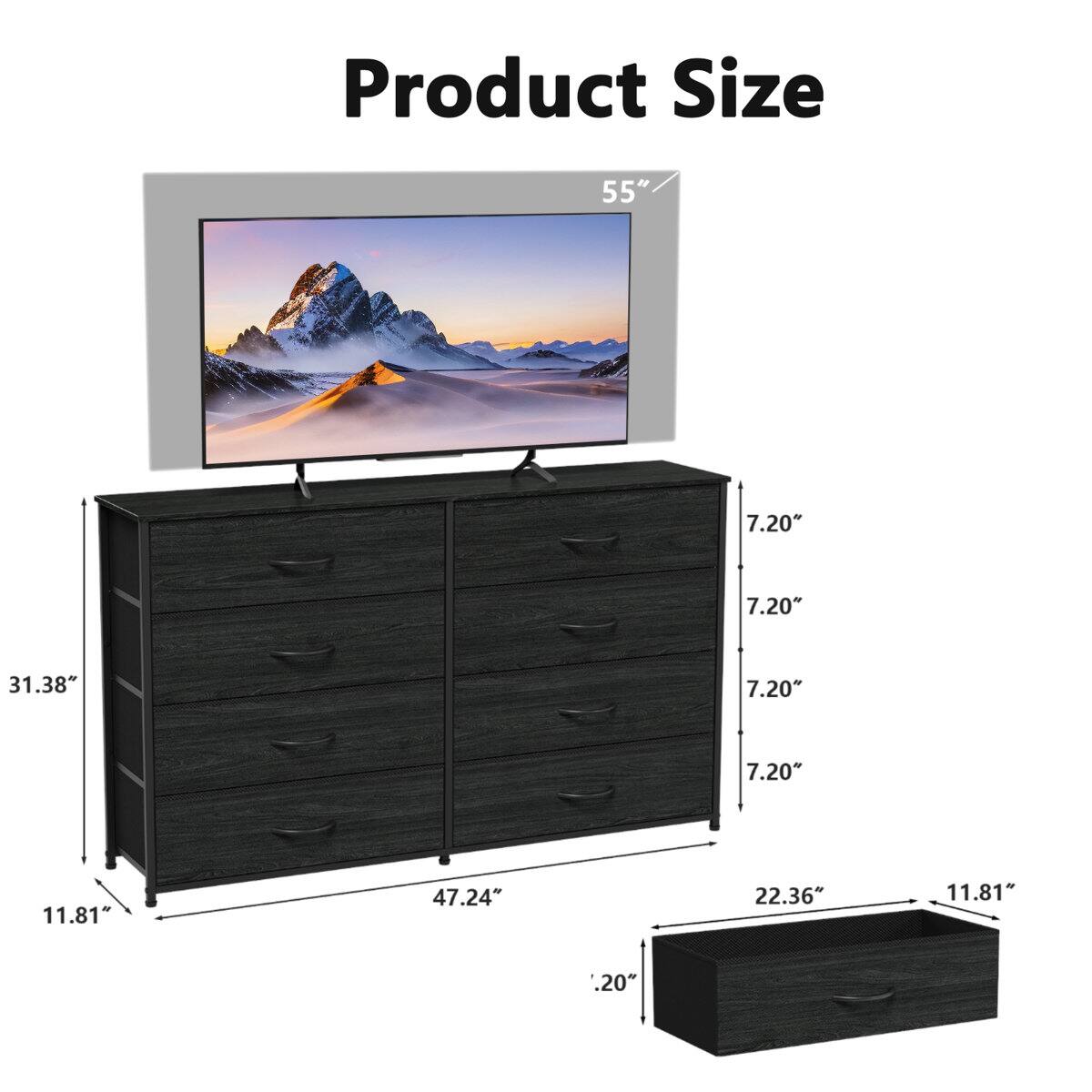 Product Size

55"  
7.20"  
7.20"  
31.38"  
7.20"  
7.20"  
11.81"  
47.24"  
22.36"  
11.81"  
.20"