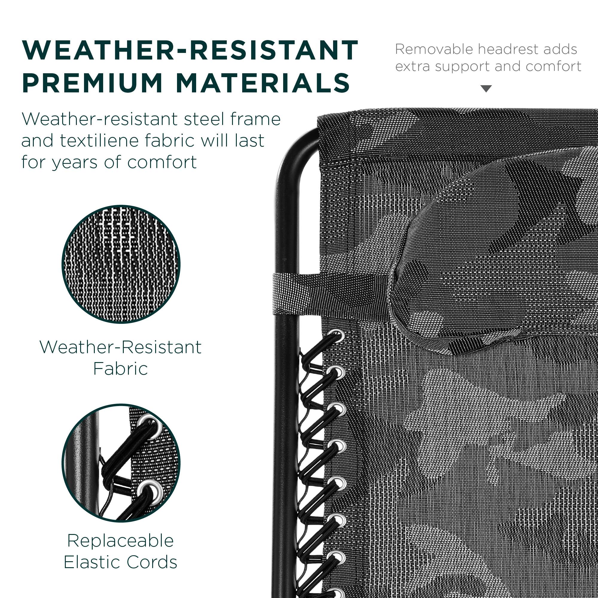 **WEATHER-RESISTANT PREMIUM MATERIALS**

Weather-resistant steel frame and textilene fabric will last for years of comfort

- Weather-Resistant Fabric
- Replaceable Elastic Cords

Removable headrest adds extra support and comfort