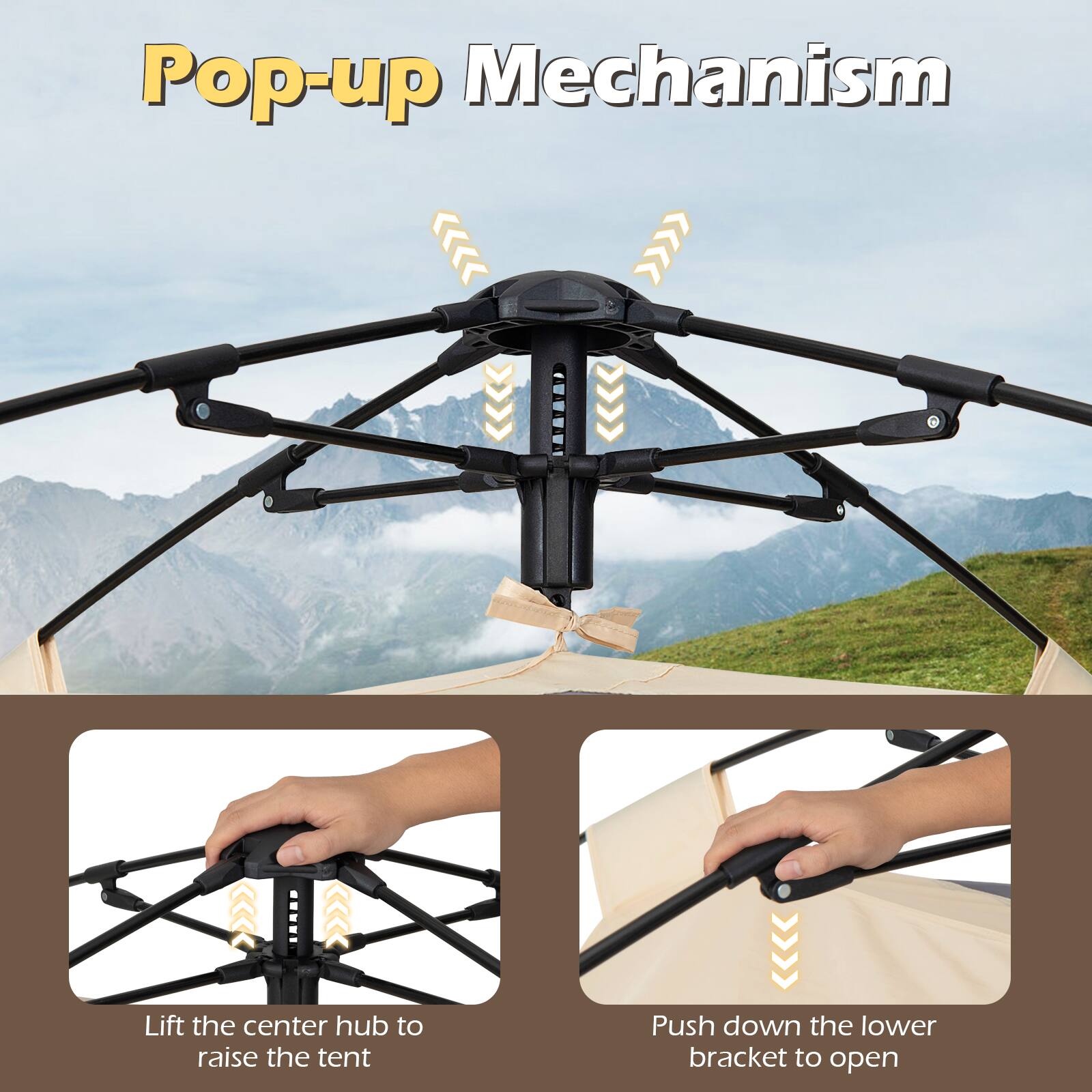Pop-up Mechanism

Lift the center hub to raise the tent

Push down the lower bracket to open