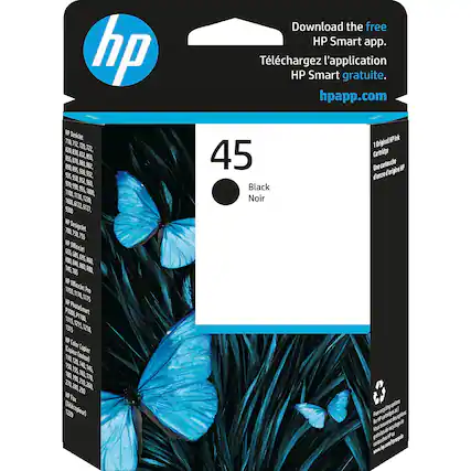 Download the free HP Smart app.
Téléchargez l'application HP Smart gratuite.
hpapp.com
45 Black Noir
1 Original HP Ink Cartridge
Une cartouche d'encre originale HP
HP DeskJet
HP DeskJet 710 712 72 T22, 120 EO 5 F32. BS0, F7 880 890 B2 935 530 902, S5 9S2, 5T0 990 950, 7I00, 99 1ODE 1120, 1220, 1600, 6122, 6127, 1600 SI. 5300 5127, 10 700
HP Designjet
HP Designjet 750 75 9 GO5 Deskjet GRS S55 K A KSO, T4 RSA F80, 75 1150
HP Officejet
HP Officejet 65 65